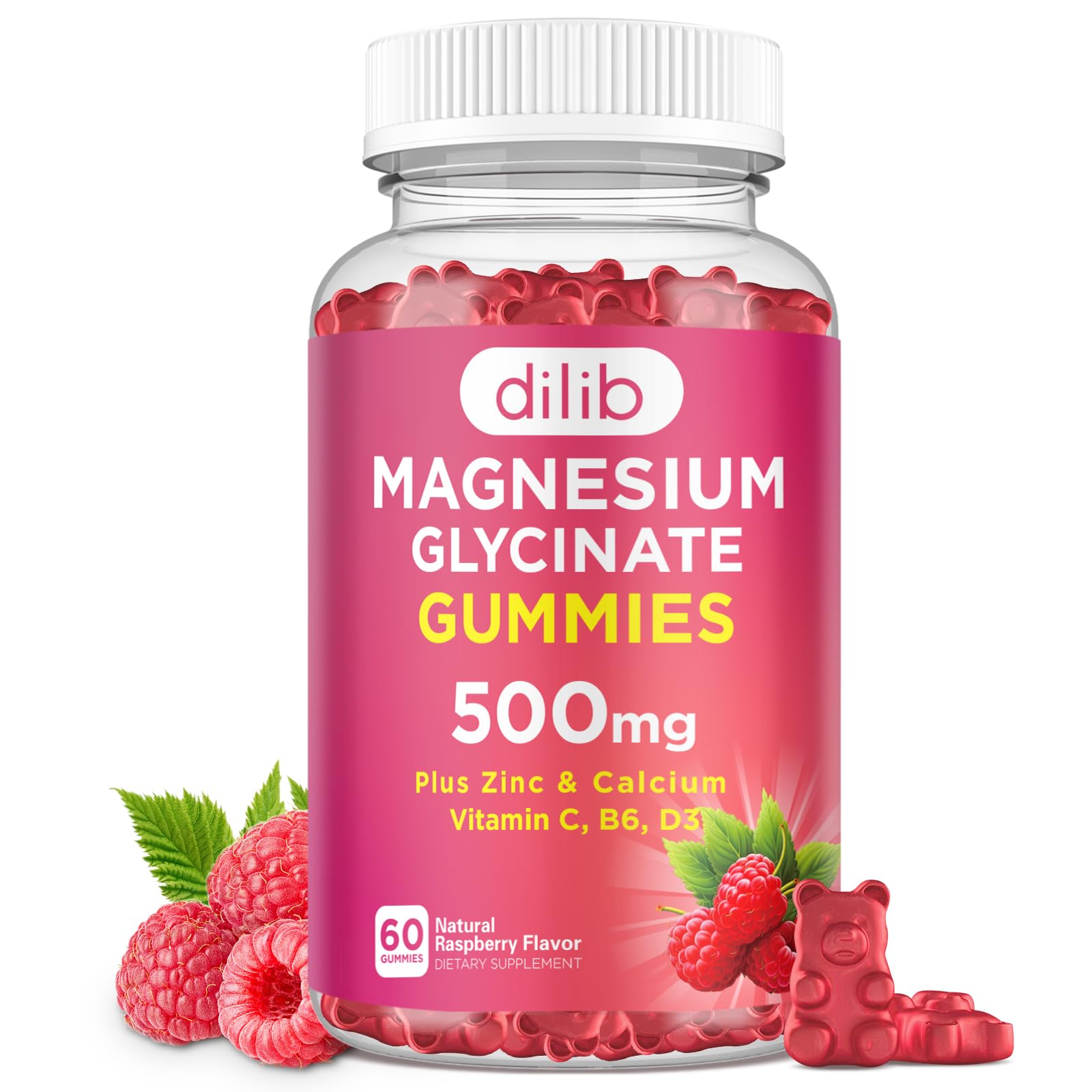 Magnesium Glycinate Gummies 500mg Magnesium Supplement with Calcium, Zinc, Vitamin C, B6, D3-Calm Chewable Gummies for Kids & Adults-Sleep, Mood & Muscle Support-Raspberry Flavor, 60 Gummies Raspberry 60 Count (Pack of 1)