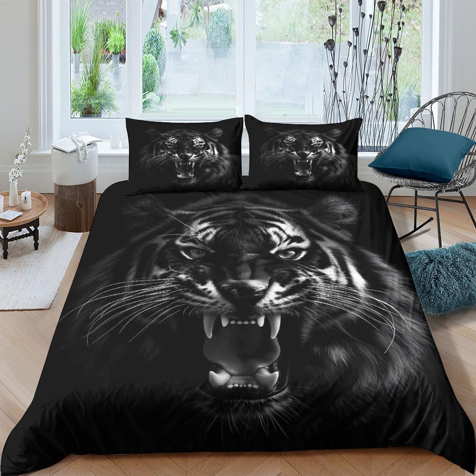 Ctjqhvkz Style-2 3D Printed Black Tiger Fitted Sheet Microfiber Soft Breathable Wild Animal Mattress Cover For Bedroom Dorm Decor Single（135X200cm）