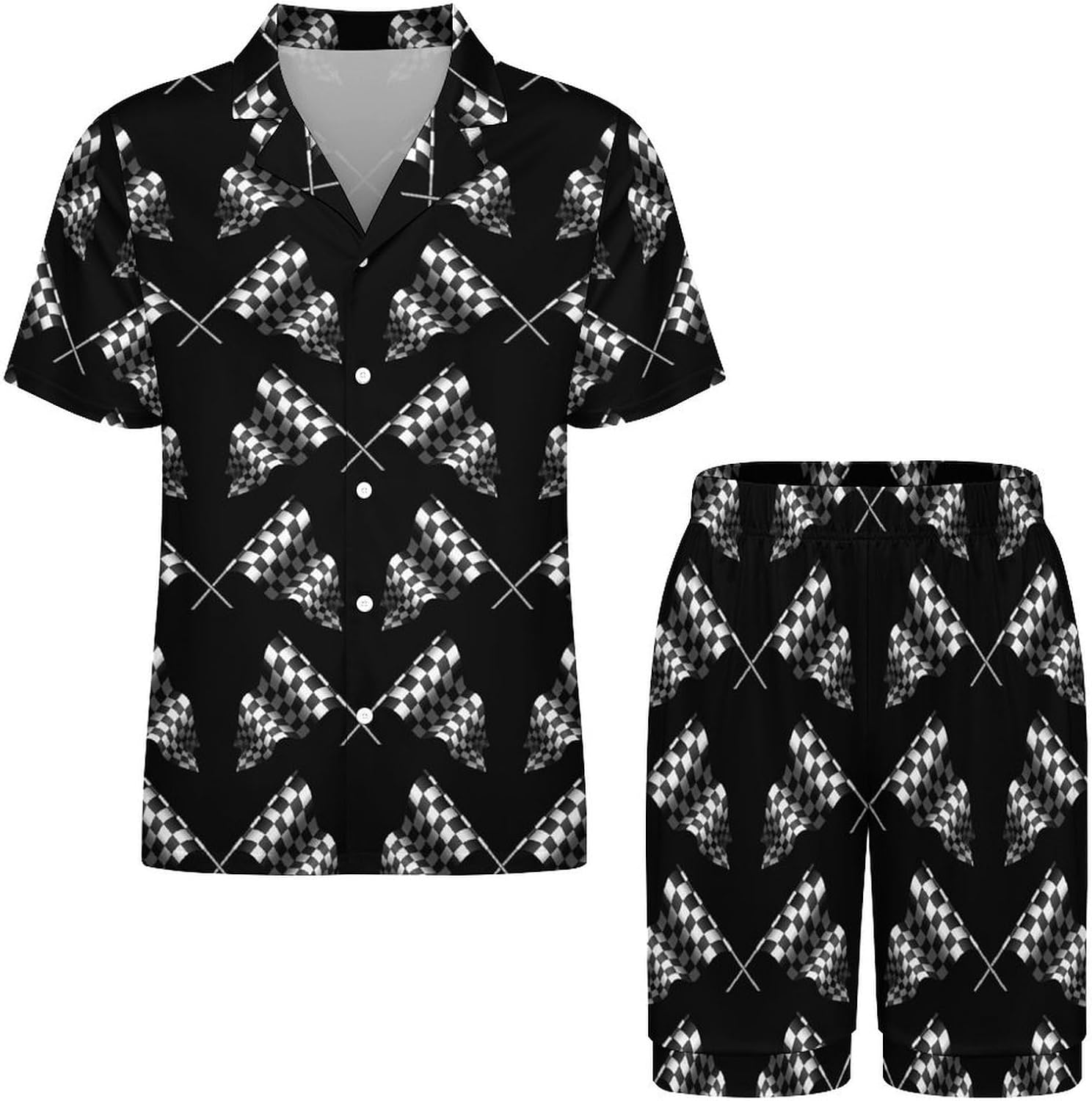 Racing Square Flag Men's Short Sleeve Pajama Set Satin Silk Like Lounge Sleepwear