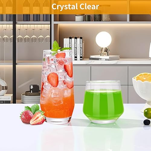 Miniatura 6 de Juego de 8 vasos de cristal transparente de 13 onzas y 18 onzas, vasos de cristal, vasos de agua Highball, copas de vino cortas sin tallo, para