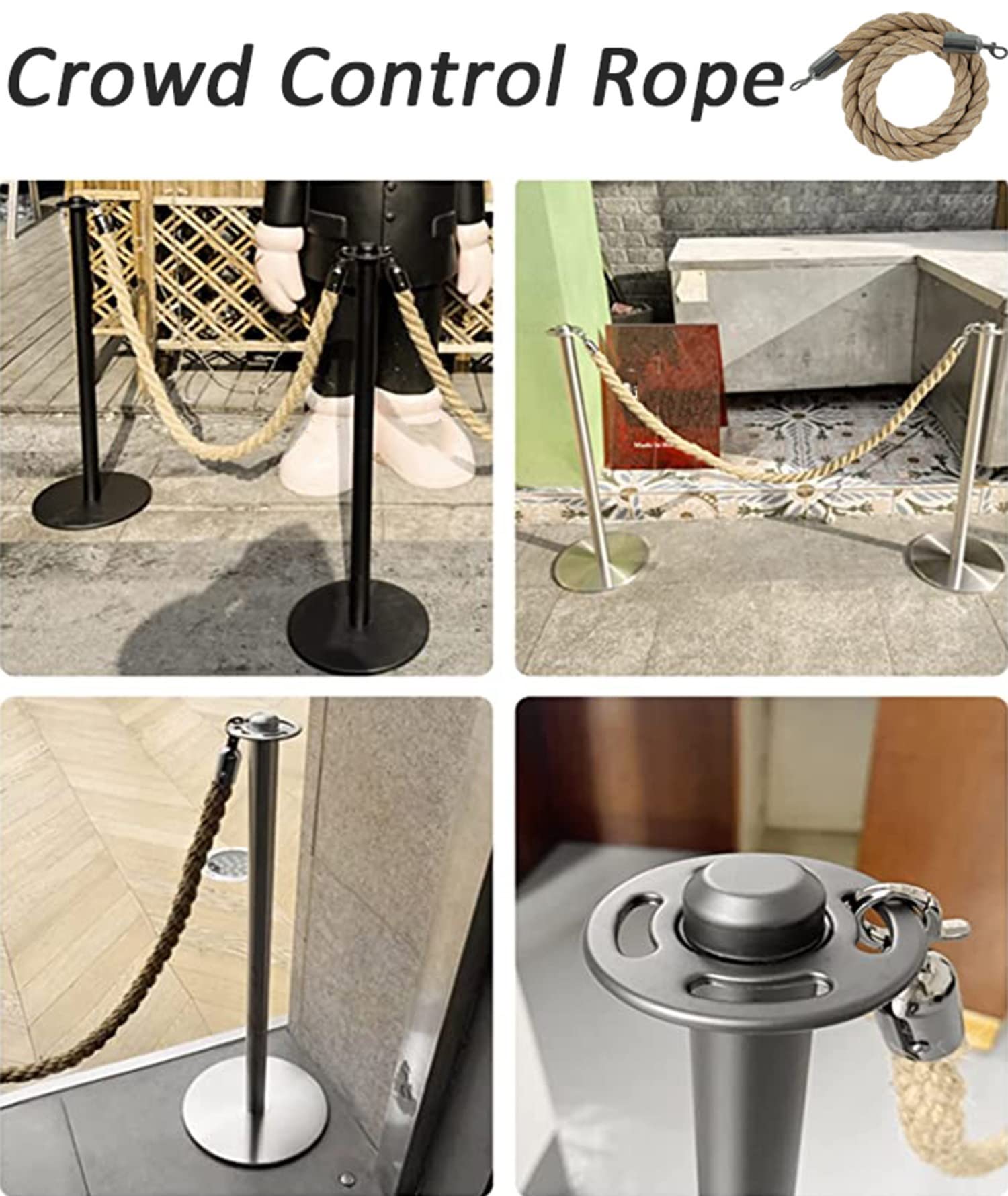 Crowd Control Stanchion Rope With Gold Hook 3/4/5/7/8/9/10Ft Twisted Hemp Ropes Queue Barrier For Queue Divider Safety Barrier 1/2/3M Rope Length - View #2