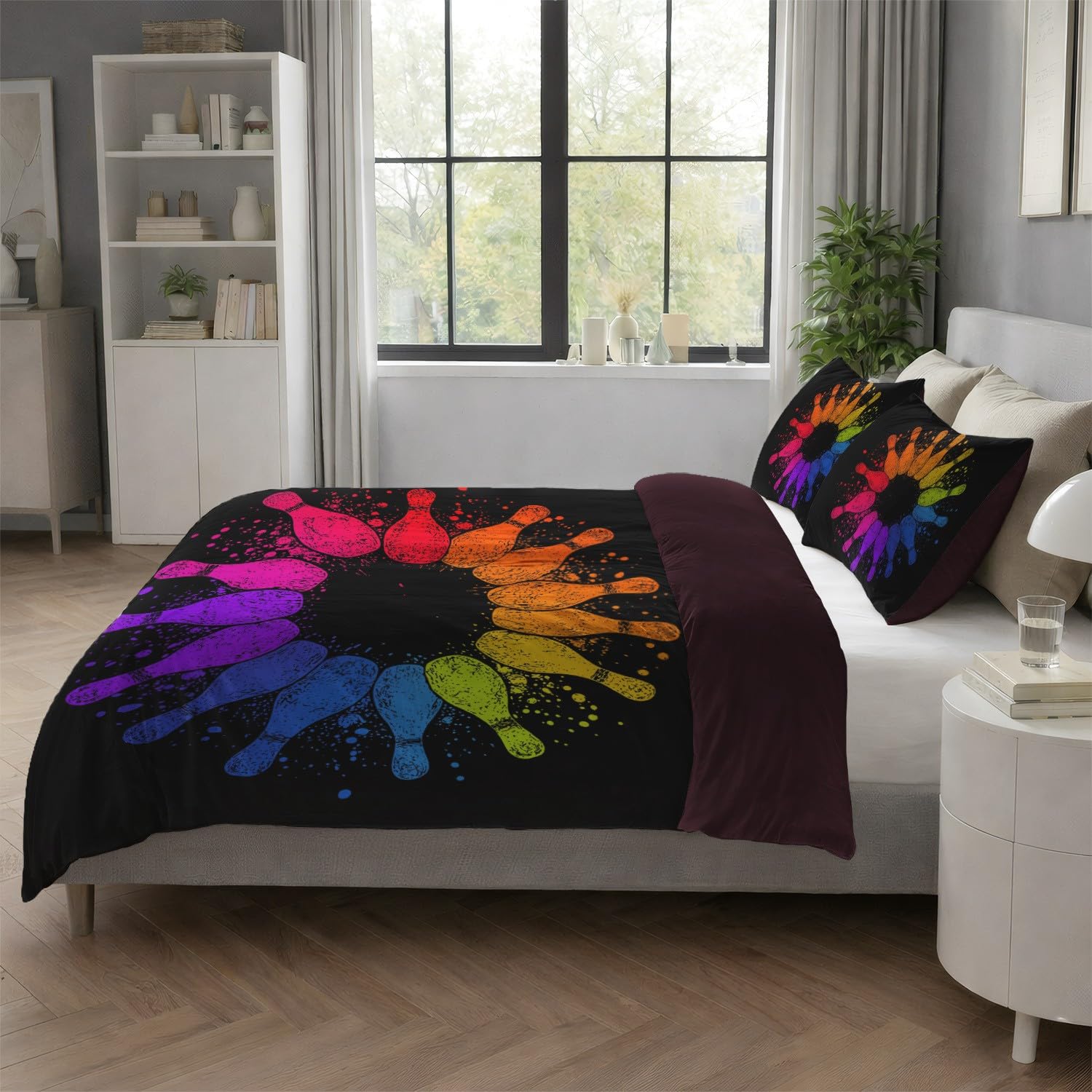 Generisch 3-częściowy komplet pościeli 220 x 240 cm, sportowy stożek do kręgli dla młodych dorosłych, miękka poszewka z mikrofibry z zamkiem błyskawicznym, przyjazna dla skóry, artystyczna, czarna