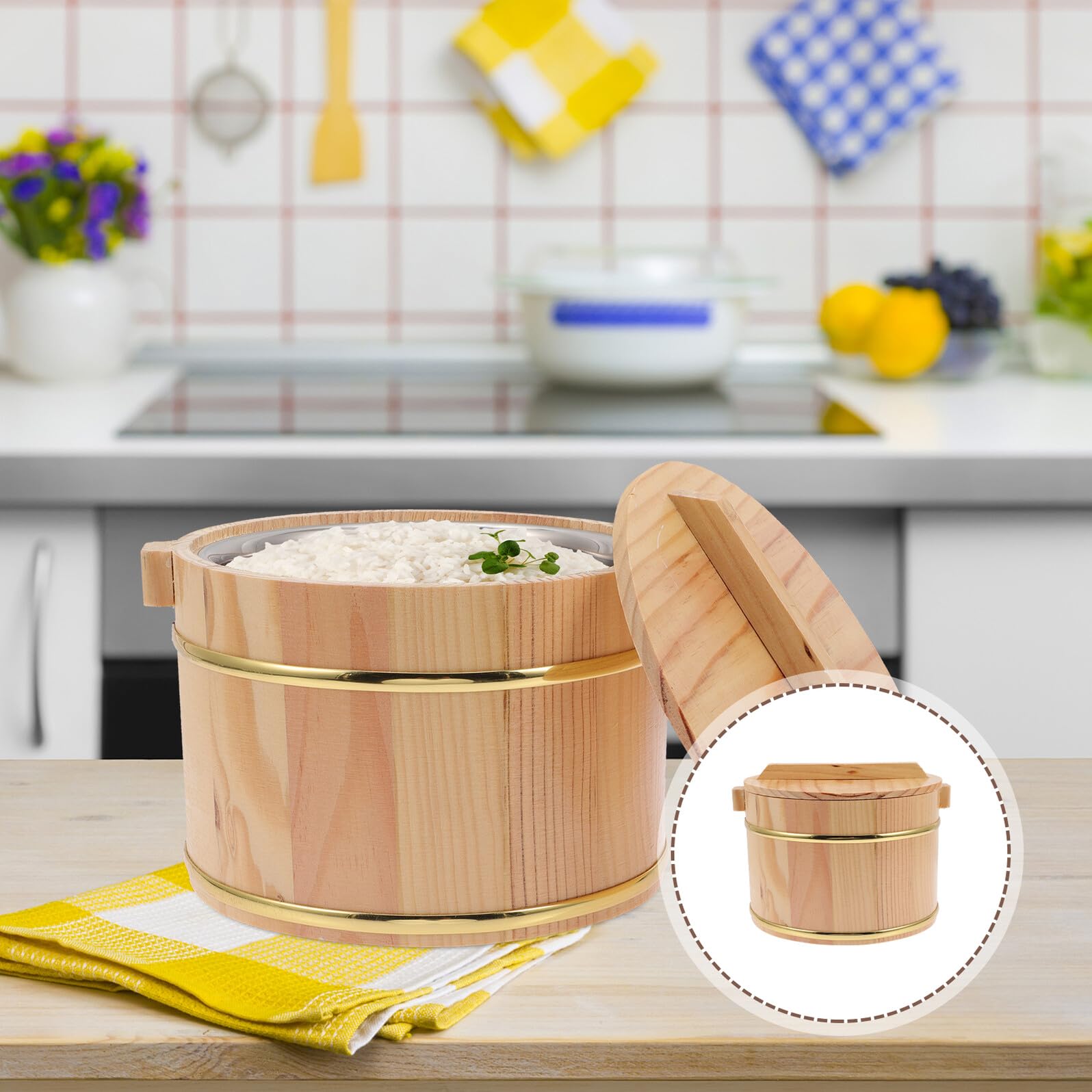 Cabilock Cubo de Arroz Material Madera y Acero Inoxidable con Tapa y Asa de Madera Varios estilos Contenedor para Almacenar Arroz y Servir Alimentos Adecuado para Fiesta