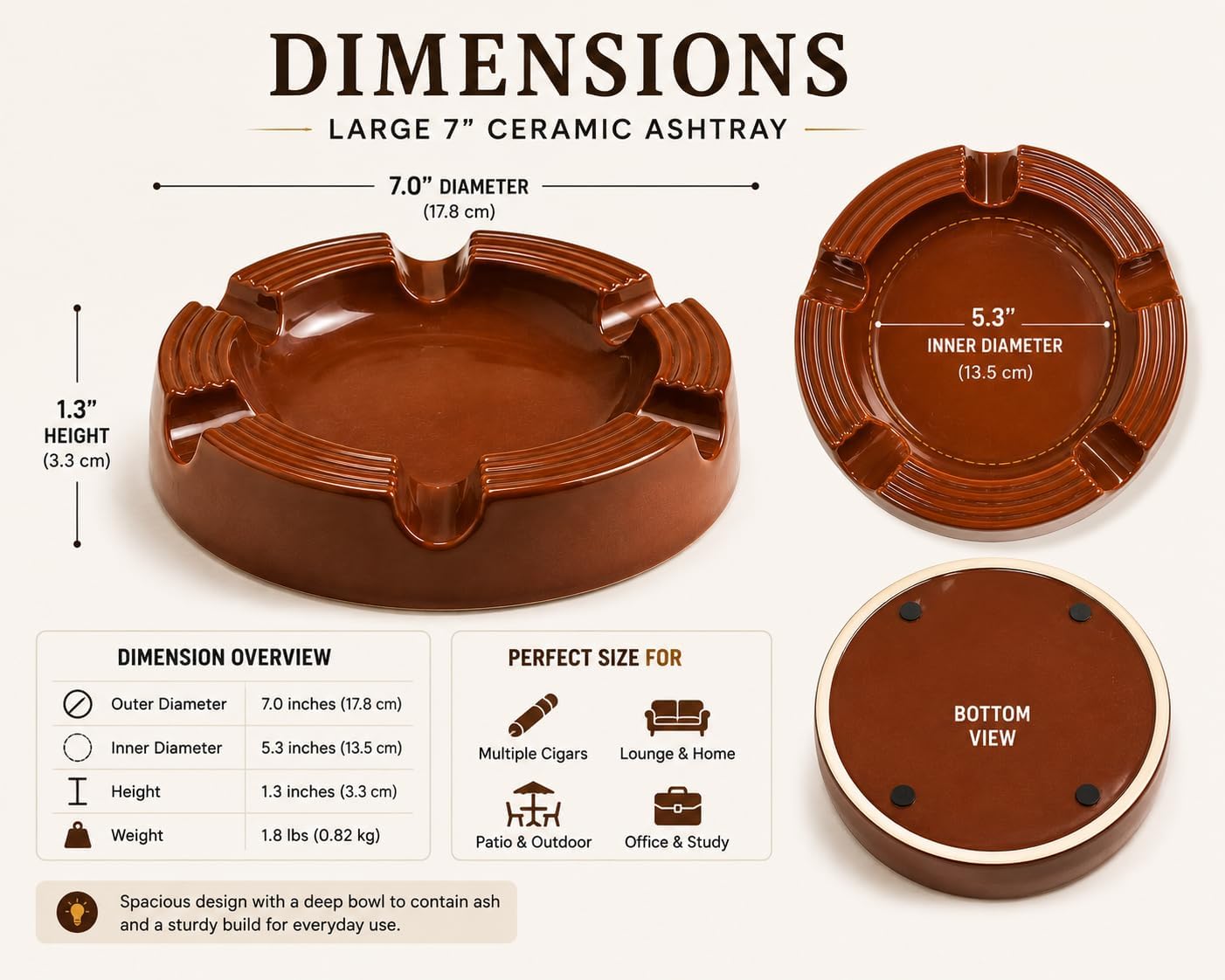 House of Ash Ceramic Cigar Ashtray for 6 Cigars, Large Heavy-Duty Brown Ash Tray with 6 Cigar Rests, Round Vintage Cigar Accessory for Home Bar, Patio, Office, Lounge & Man Cave