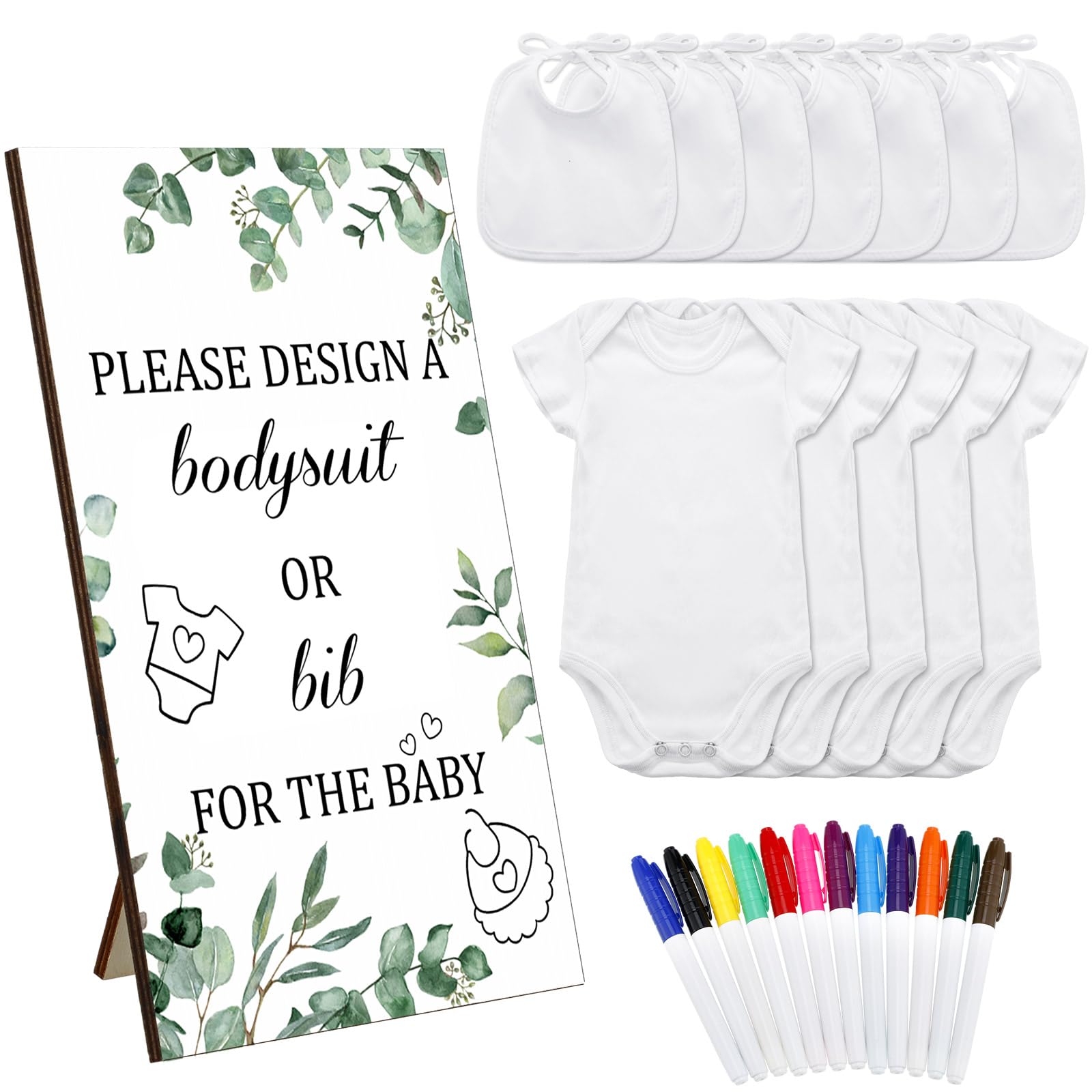 Panitay 43 Pcs Baby Bibs Bodysuit Game Set White Bib, Newborn Bodysuits, Marker, Game Sign for Baby Shower Party Decor