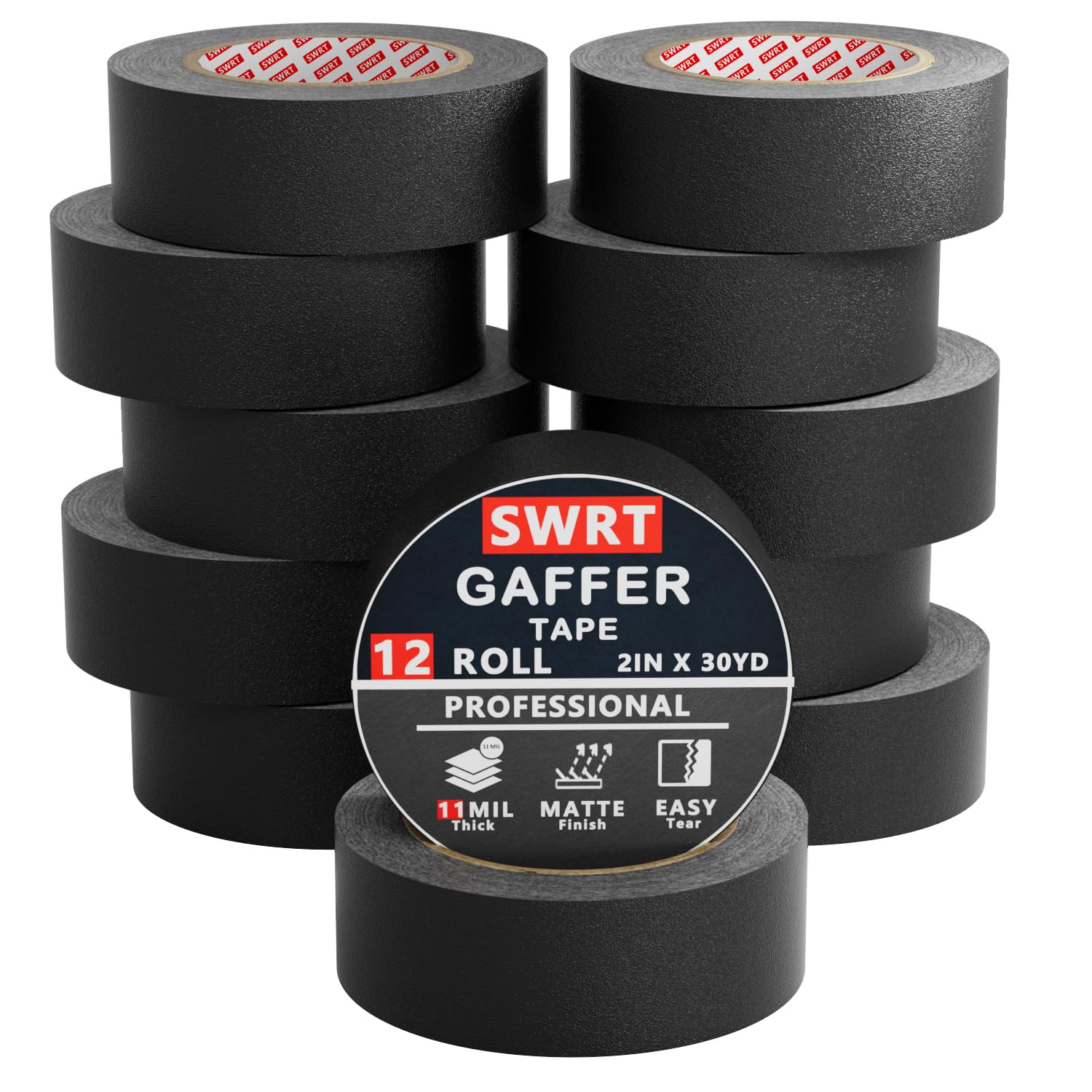 SWRT 12 Pack Gaffers Tape, 11 Mil Industrial Grade Gaffer Tape, 2’’ x 30 Yards, Strong Adhesion, Easily Remove No Residue, Professional Matte Finish No Reflection, Black, 360 Yards in Total