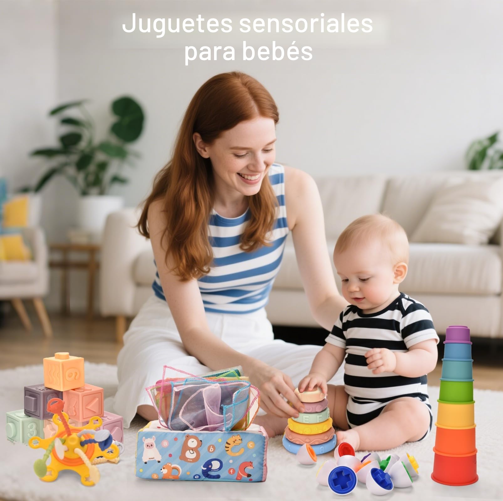 Juguetes Montessori Bebes 6 -12 Meses,6 en 1 Montessori Sensoriales Bebe 1 2 3 Año,uguetes para desarrollar Habilidades motorasz,Bebésn Educativos Bloques de Apilar y Encajar Regalos para Bebés