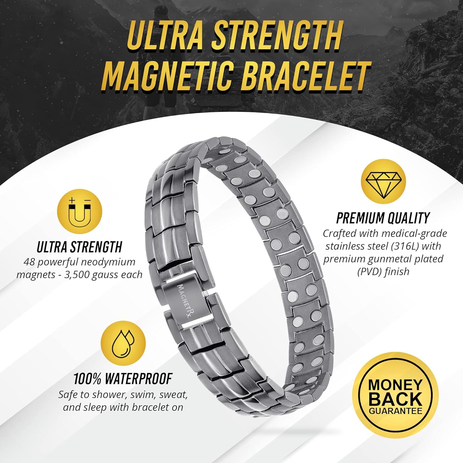 MagnetRX® Pulsera Magnética Ultrarresistente - Brazaletes de Acero Inoxidable para Hombres – Pulsera de Longitud Ajustable con herramienta de Medición para un Ajuste Perfecto (Gris Metálico)