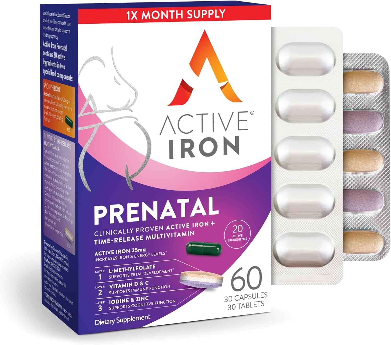 Active Iron Prenatal, Iron Supplement + Prenatal Vitamins for Women, 30 Non-Constipating Capsules + 30 Time-Release Multivitamins, Pregnancy, Breastfeeding & Postpartum Essentials