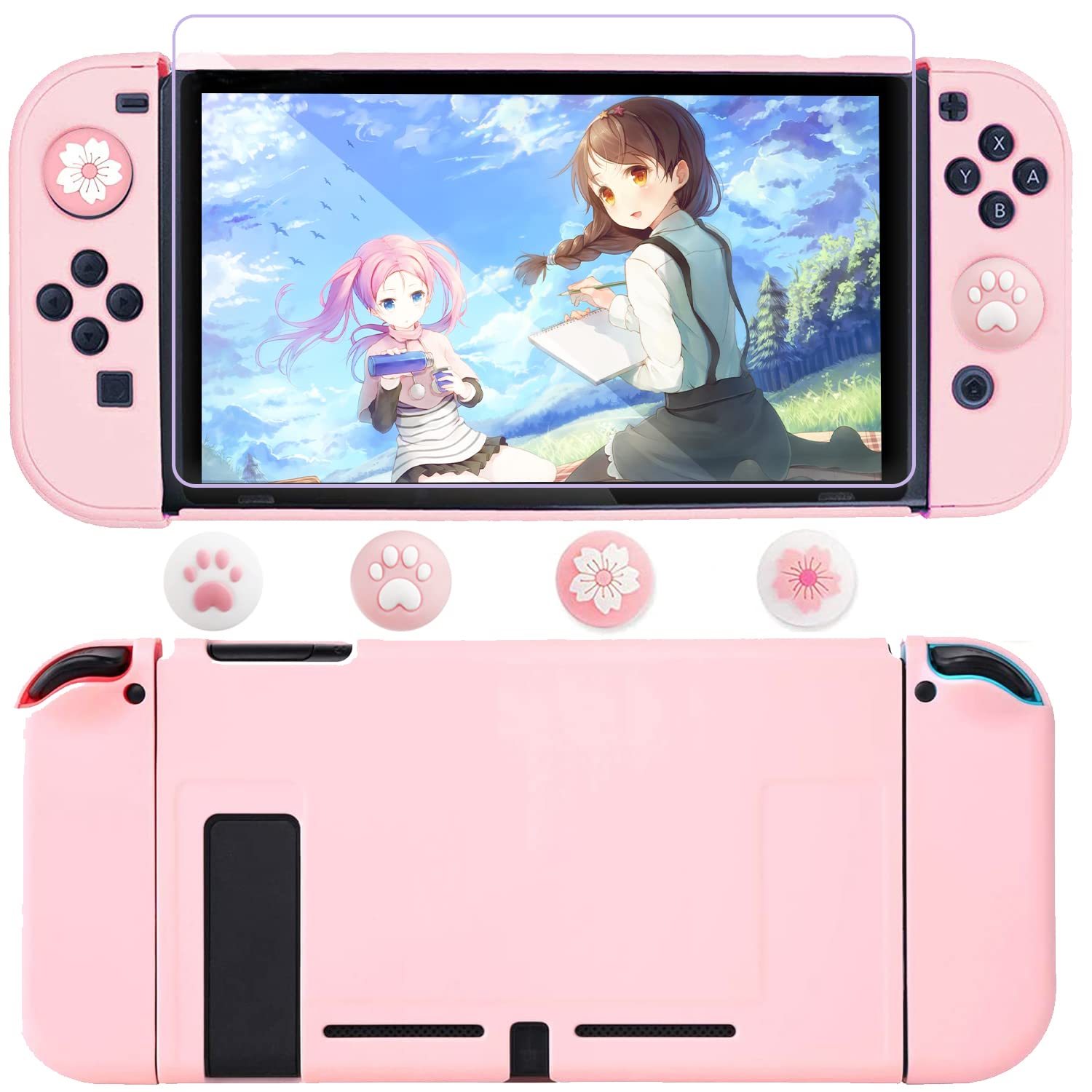 OLDZHU Pink Travel Carrying Case Accessories Kit Compatible With Nintendo Switch - 10 in 1 Essential Protection Kits with Hard Protective Cover,Glass Screen Protector,Adjustable Stand,Thumb Grip Caps - Image 4