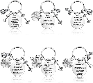 Yinkin 6 Pieces Fitness Gym Charm Keychains Stainless Steel Fitness Gifts with Quotes Dumbbell Personal Trainer Gifts Workout Gifts for Women Gym Keychain for Fitness Enthusiast