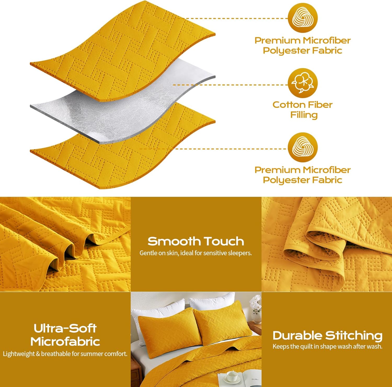 JYHOPE Mustard Yellow King Quilt Set 102x90 Oversized Lightweight Microfabric Bedspread, 3-Piece Quilt Bedding with Pillow Shams, Cooling Summer Quilts, Gift Wrapped