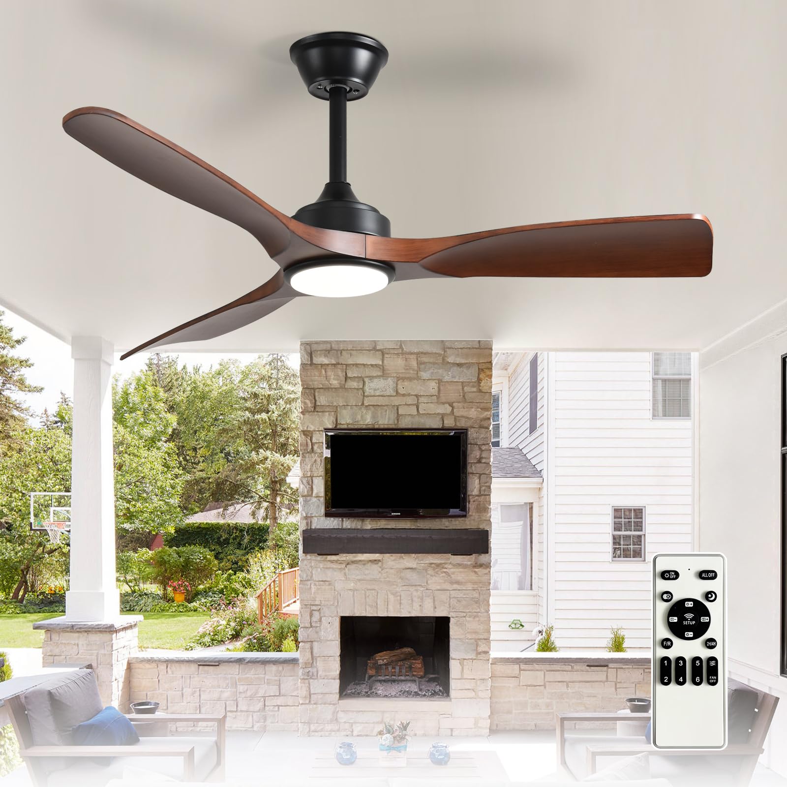 Depuley 42-Inch Ceiling Fan with Light: Walnut 3 Plastic Blade Indoor Outdoor Fans for Patios - Dimmable Ceiling Fan with Remote Control Fandelier Reversible 6 Speed Timer Quiet DC Motor