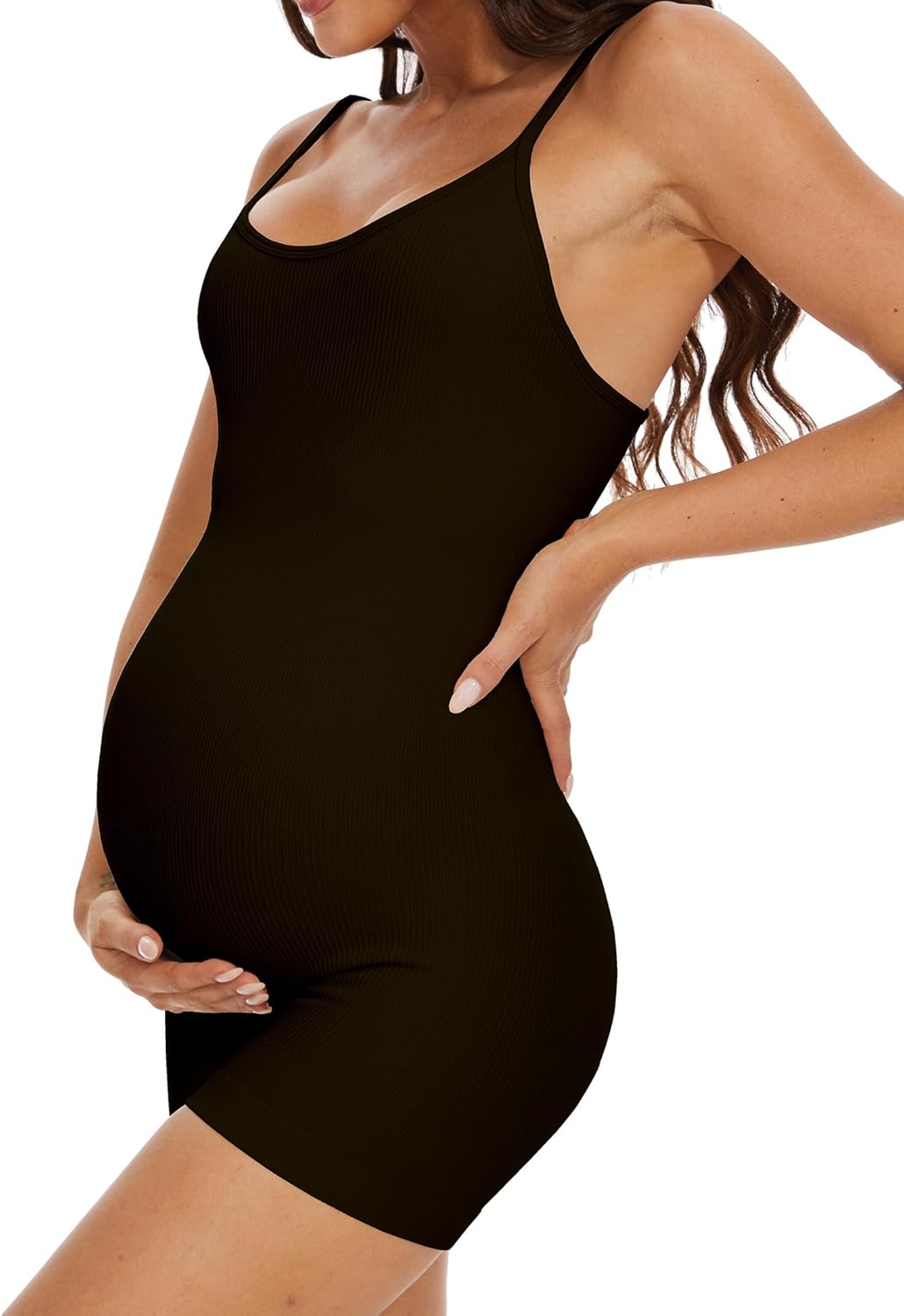 Maternity Workout Romper Pregnancy Yoga Ribbed One Piece Seamless Spaghetti Strap Jumpsuit - Image 2