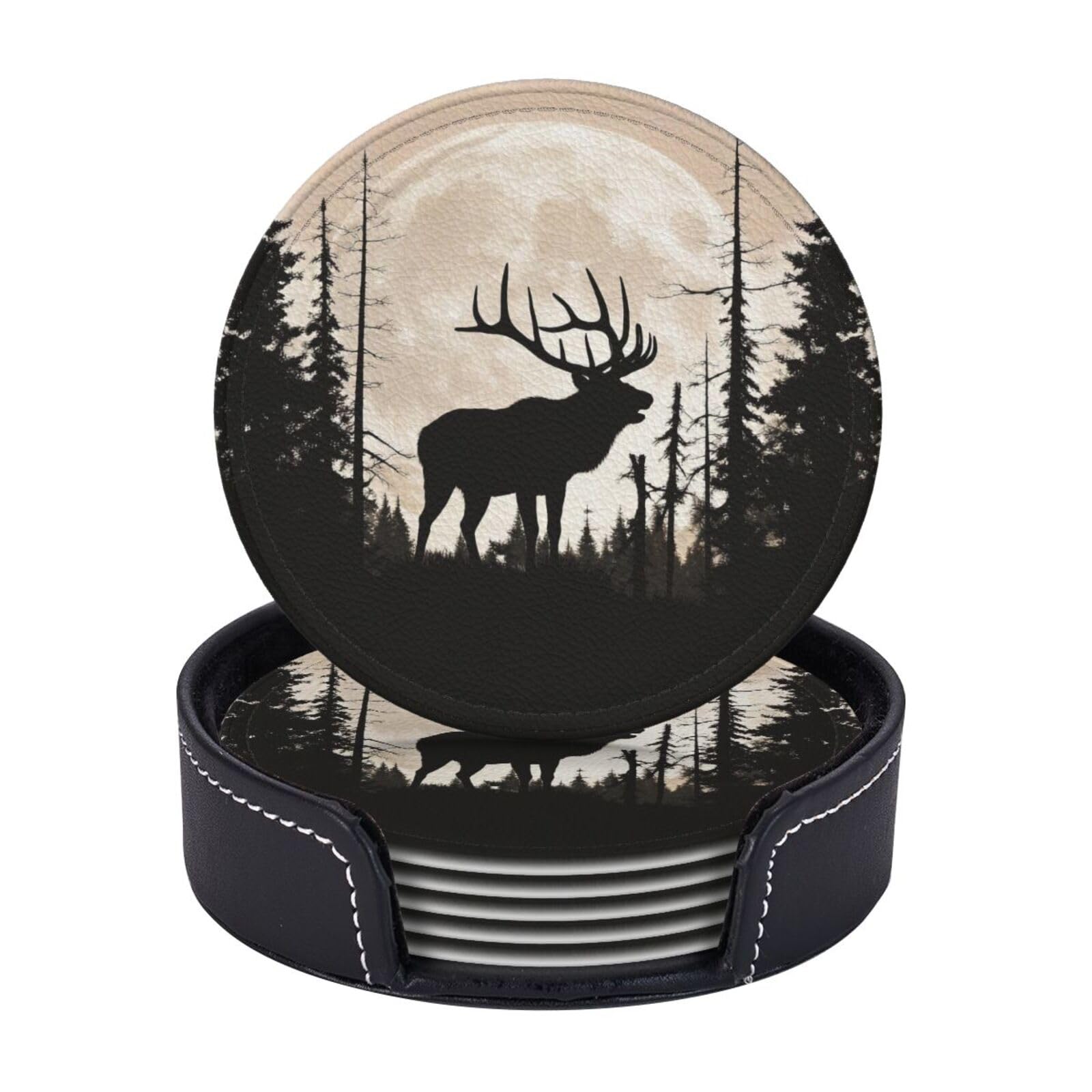 Coasters Set of 6 Leather Drink Coasters with Holder Wild Elk silhouette Coasters for Drinks Heat Resistant Coaster Round Coffee Cup Mat Pad for Kitchen Office Home Decor