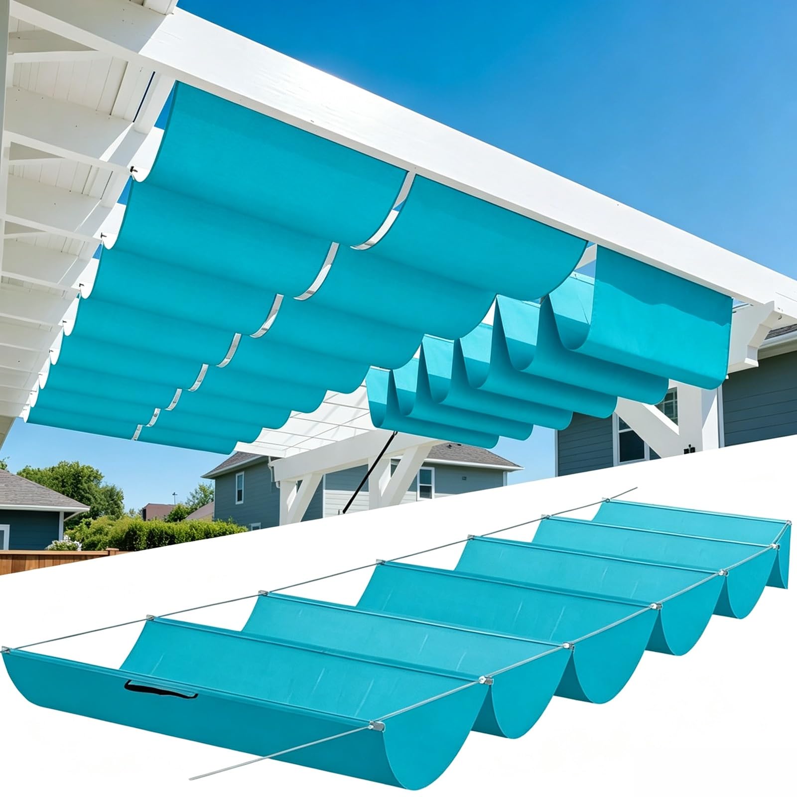 Sonnensegel Einziehbares 280 x 600 cm Verstellbar Sonnensegel Welle Schattenabdeckung Segeltuch Markise Wasserdicht Sonnenschutz Uv-Schutz für Terrasse, Pergola, Garten, Himmelblau