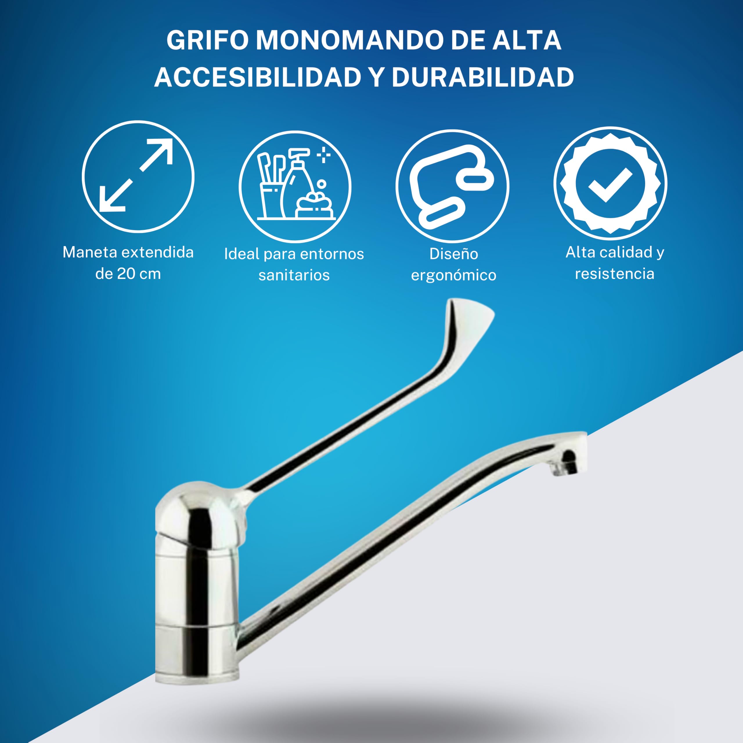 Grifo Monomando Palanca Gerontológica GEV - Grifo de Lavabo Monomando, Ideal Normas Sanitarias, Maneta Medical Extendida 20 Cms, Juego Completo para Hospitales, Laboratorios y Hostelería