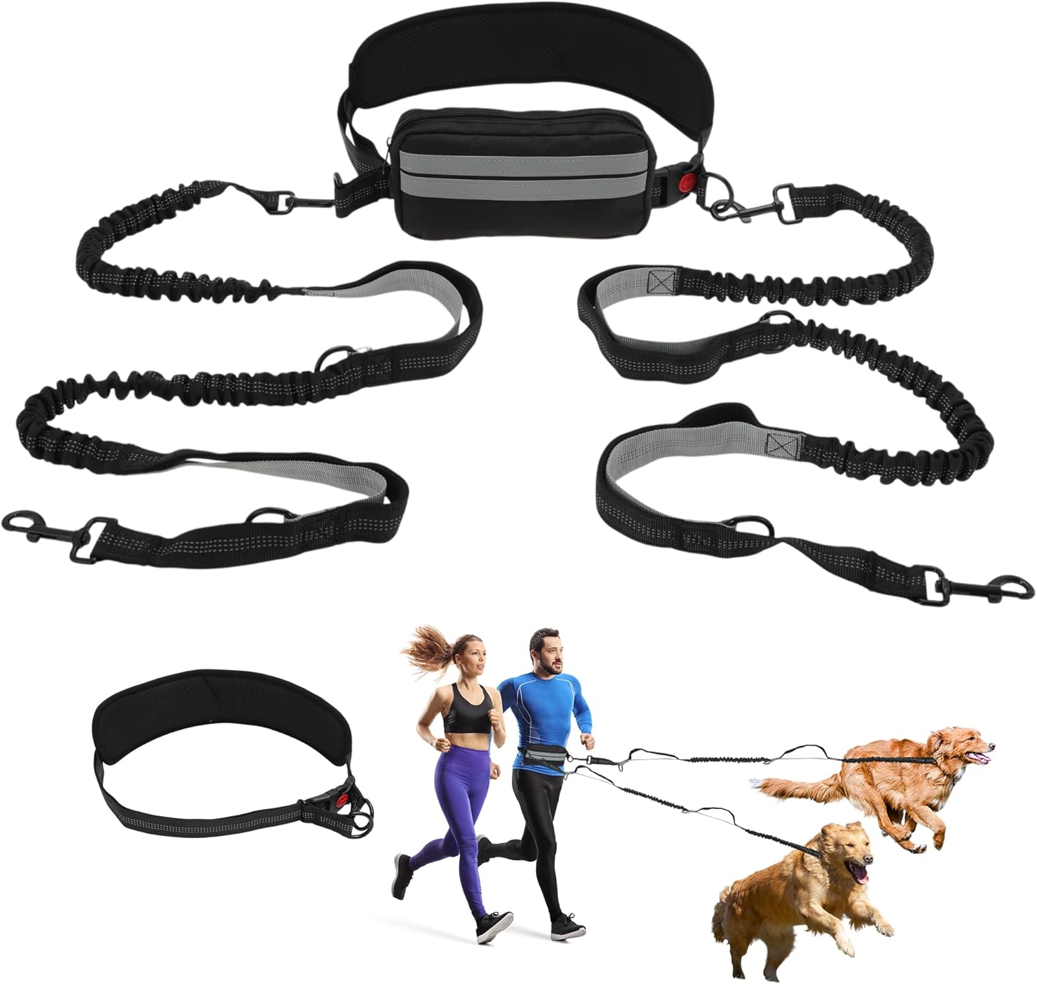 Hands Free Dog Leash, Retractable Bungee with Double Padded Handles, Waist Leash for Dog Walkings, Running with Pouch for Dog, Black Silver Gray