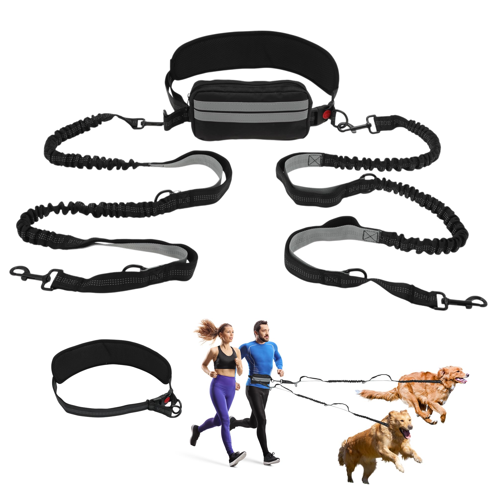 RENEWREVITAL Hands Free Dog Leash, Retractable Bungee with Double Padded Handles, Waist Leash for Dog Walkings, Running with Pouch for Dog, Black Silver Gray