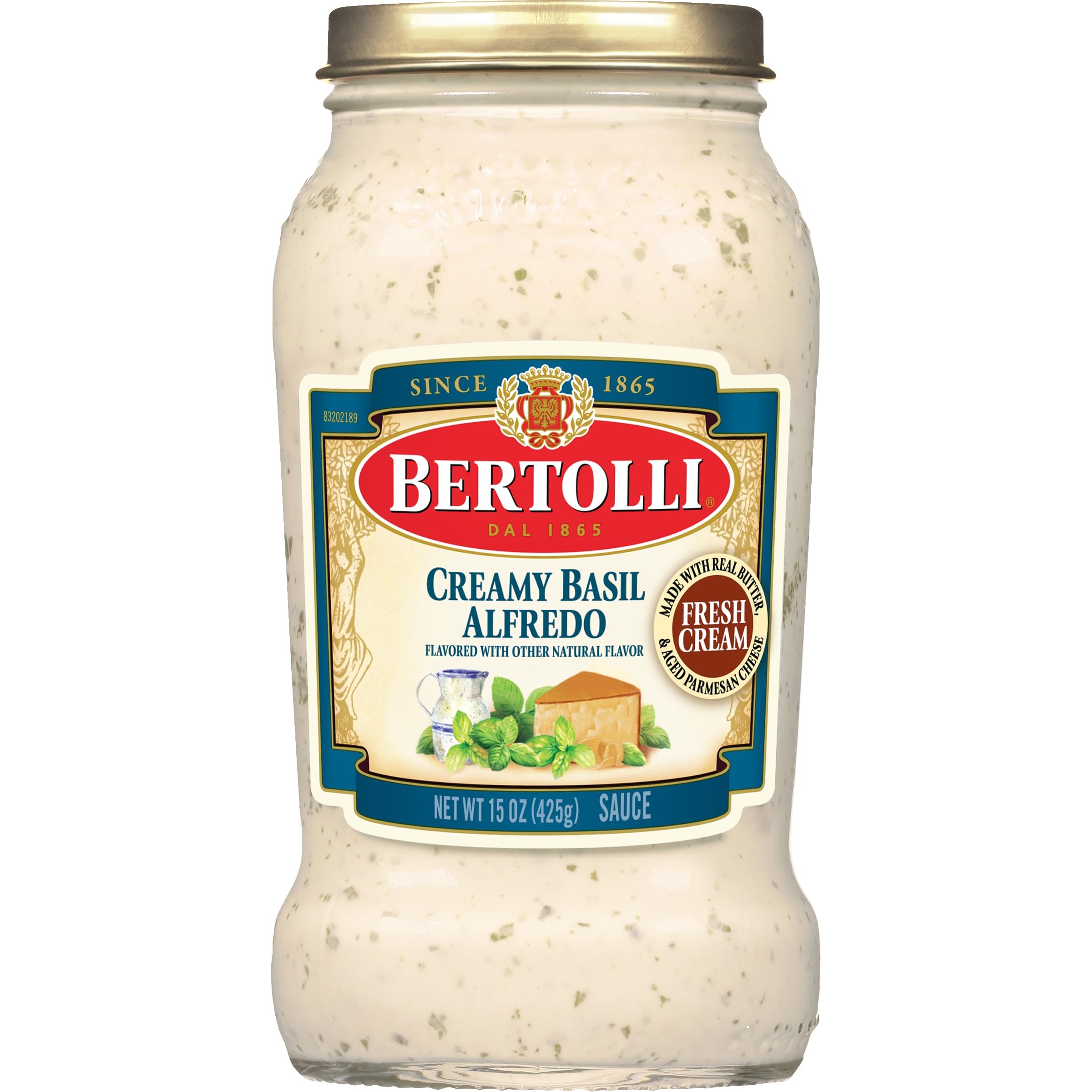 Bertolli Creamy Basil Alfredo Sauce with Aged Parmesan Cheese, Authentic Tuscan Style Pasta Sauce made with Fresh Cream and Real Butter, 15 OZ
