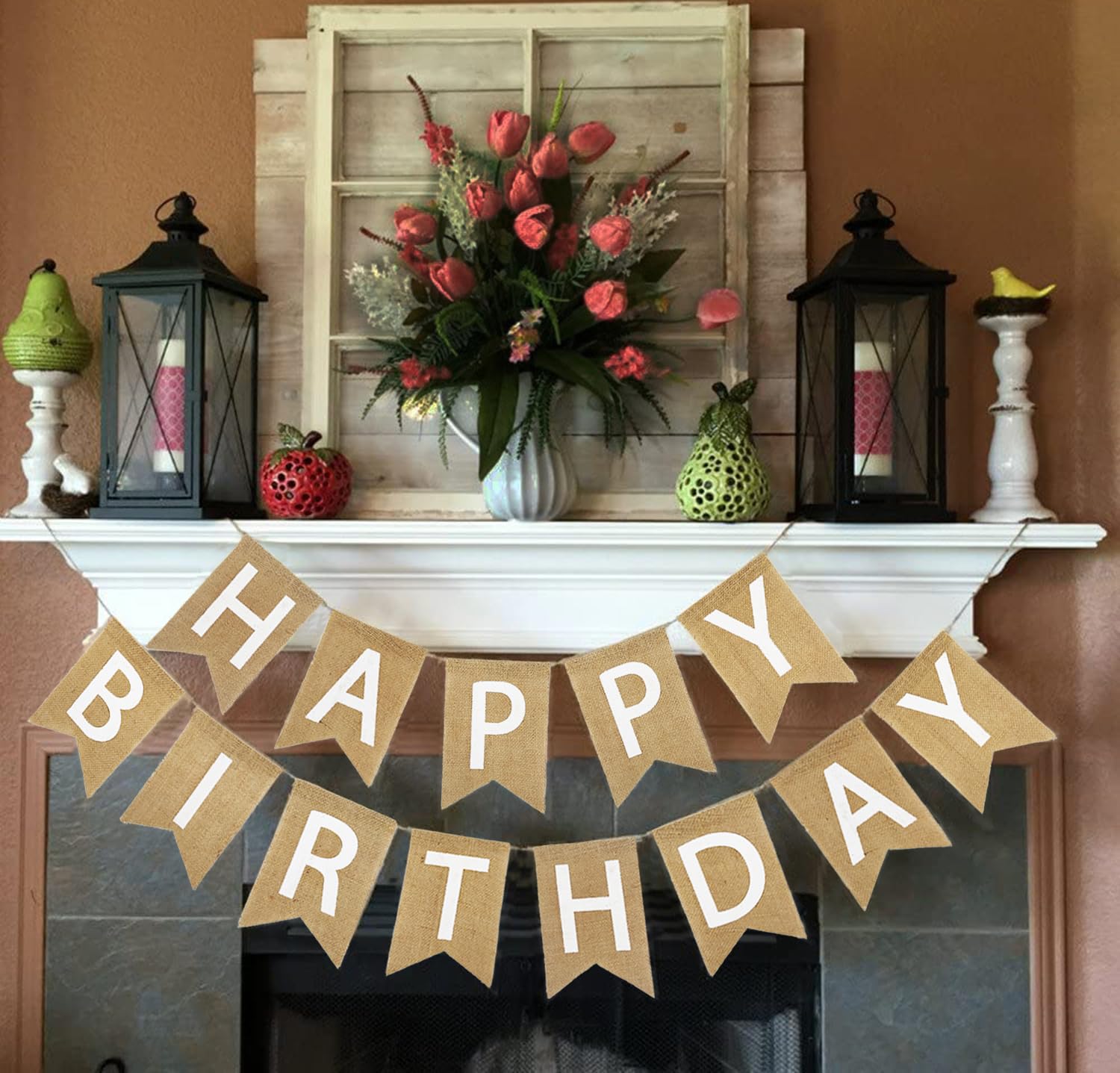 Rustic Burlap Birthday Banner - White Letter Bunting Banner Garland Flags for Party Decor - VAG041A