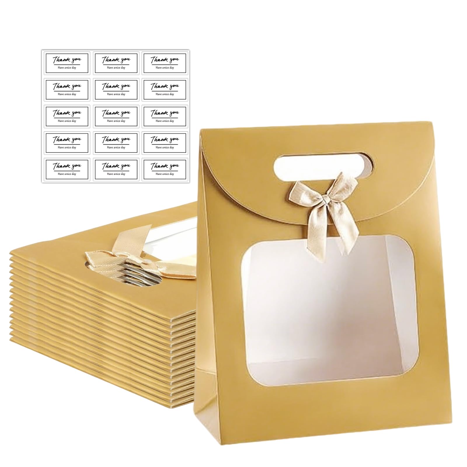 ChAusa 15 Stück Geschenktüte mit Fenster, 16 * 12 * 6cm Geschenktüten Klein, mit Griffen Gold Papiertüten für Fenster Geeignet zum Verpacken Süßigkeiten Pralinen Keksen Geschenken