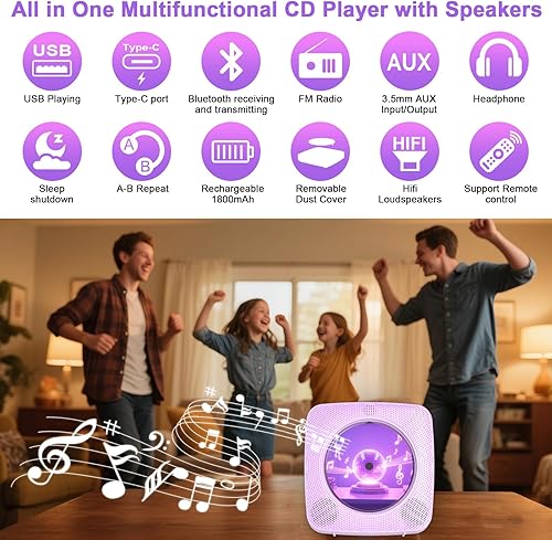 Miniatura 2 de Gueray Reproductor de CD portátil Bluetooth Reproductores de CD para el hogar Recargable de pared de escritorio Reproductor de CD portátil con