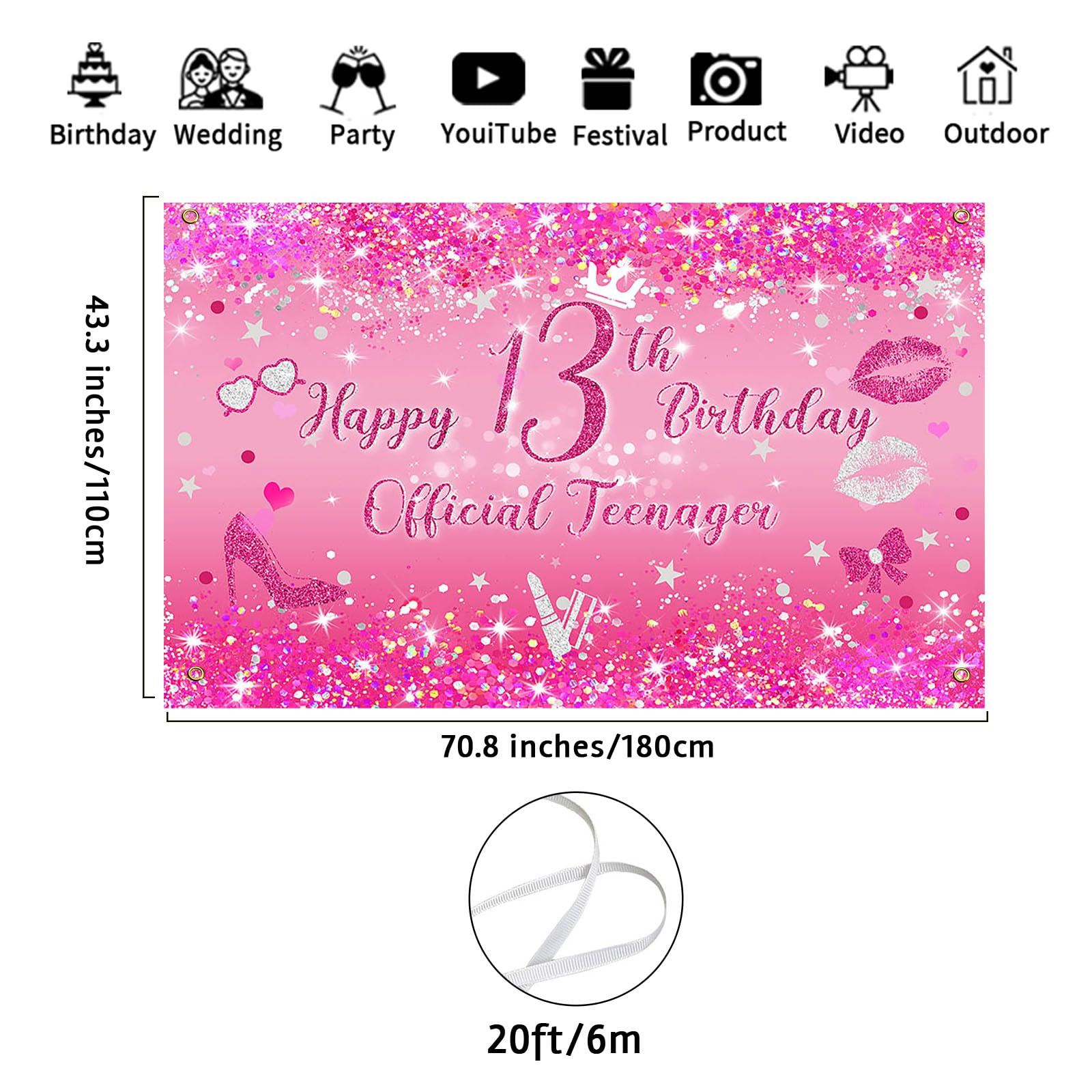 Avezano 13th Birthday Backdrop for Girls Hot Pink Flash Happy 13th Birthday Party Decorations Banner Official Teenager 13 Year Old Birthday Photography Background