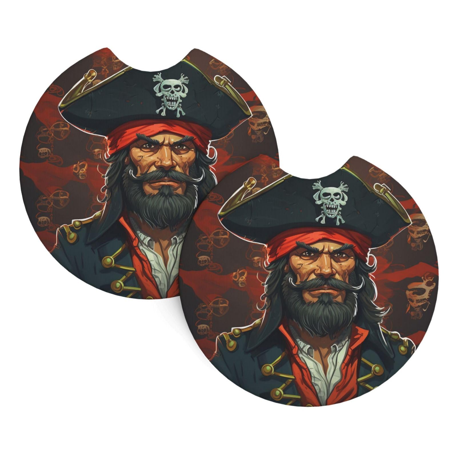2PCS Car Coaster for Cup Holders Universal Auto Cup Mat Pirate Captain Cup Coaster Pad 2.7" Waterproof Neoprene Non-Slip Cup Holder Coasters Car Interior Accessories for Women Men