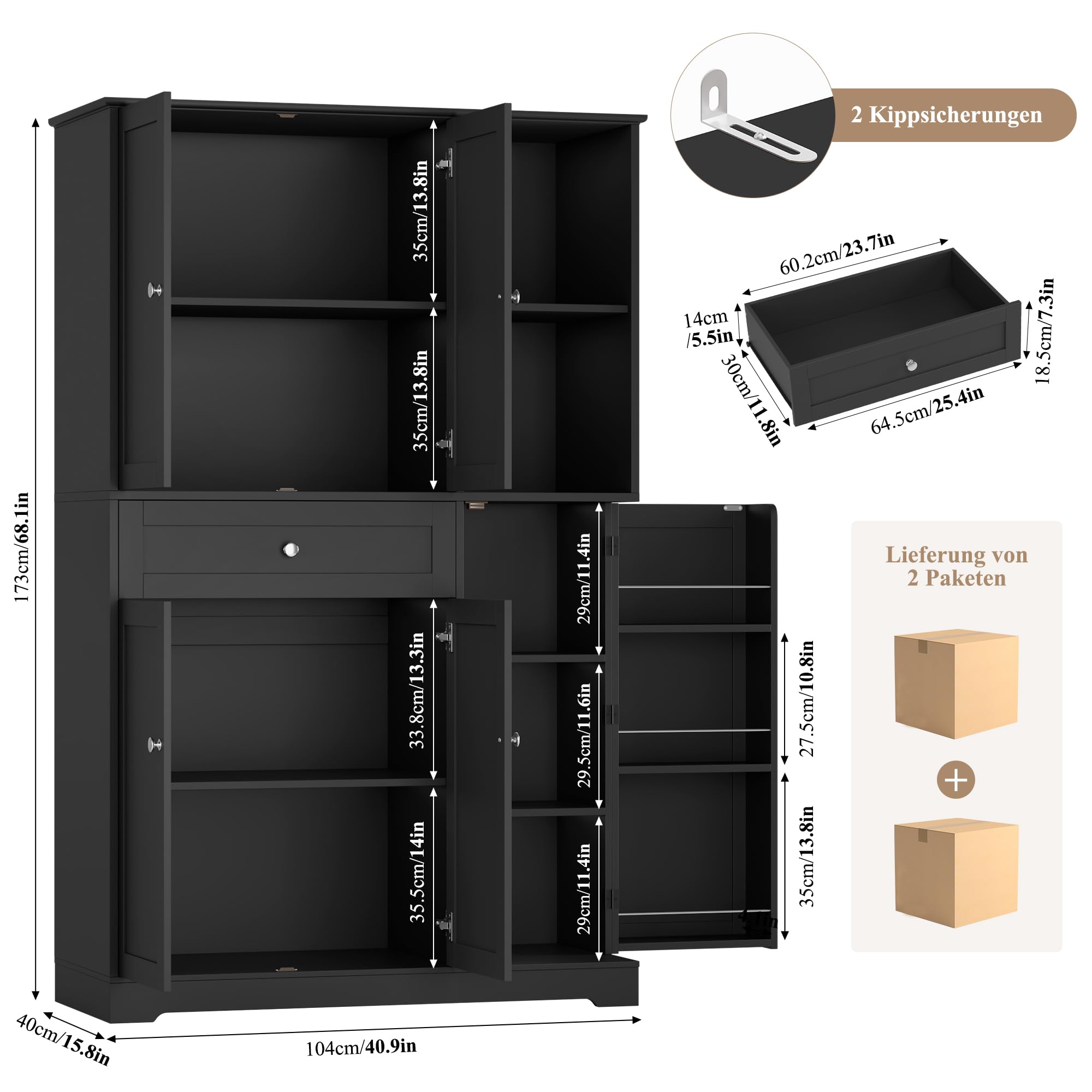 FirFurd Küchenschrank mit Gewürzregal Mehrzweckschrank Vorratsschrank Buffetschrank mit 5 Türen und 1 Schublade Küchenmöbel Hochschrank für Küche Wohnzimmer Flur 173x104x40cm schwarz