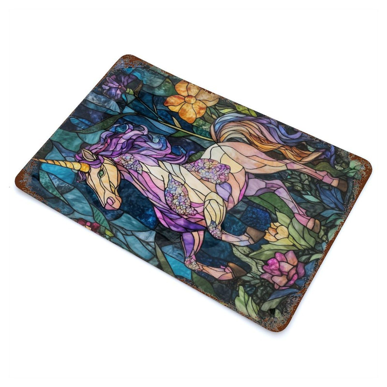 Stained Glass Unicorn 11.8"x7.9" Rust Effect Tin Sign, Industrial Home Decor for Living Room, Hallway And Home Decor