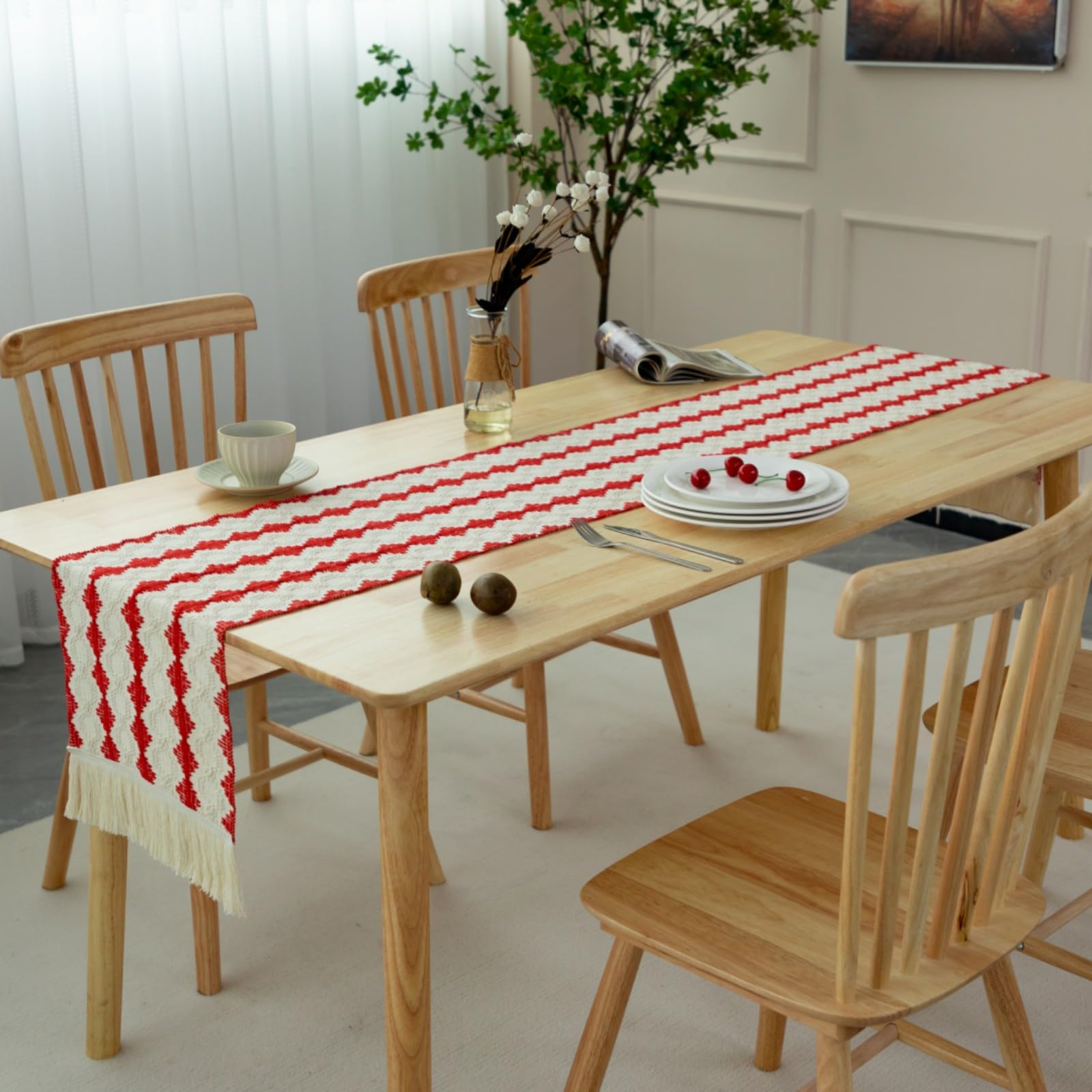 Boho Tischläufer Mit Quasten – 33x183 Cm, Baumwoll-Leinen, Schwarze Streifen, Bauernhaus-Deko Für Esstisch & Feiern
