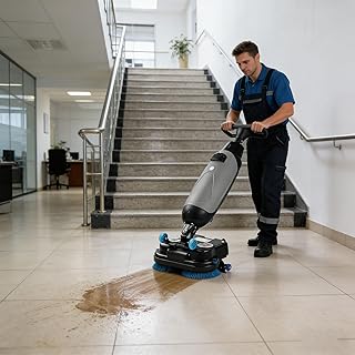 Professionelle, kompakte Scheuersaugmaschine mit separaten 4-Liter- und 6-Liter-Tanks, 45 cm (18 Zoll) langen motorisierten Reinigungsbürsten, kabellos und mit einem 36-V-Akku betrieben. Gray