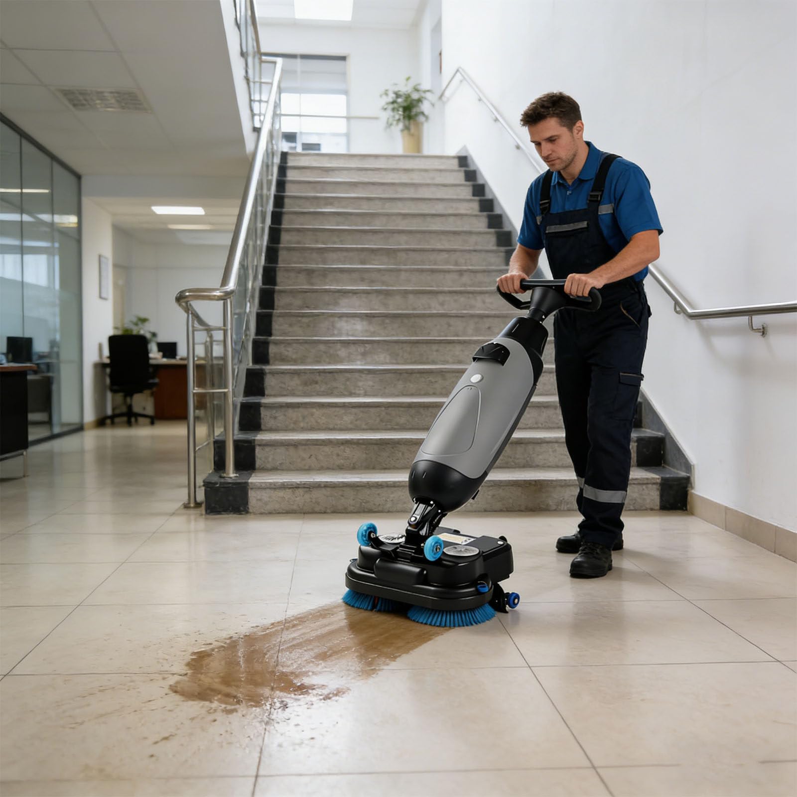 Professionelle, kompakte Scheuersaugmaschine mit separaten 4-Liter- und 6-Liter-Tanks, 45 cm (18 Zoll) langen motorisierten Reinigungsbürsten, kabellos und mit einem 36-V-Akku betrieben. Gray