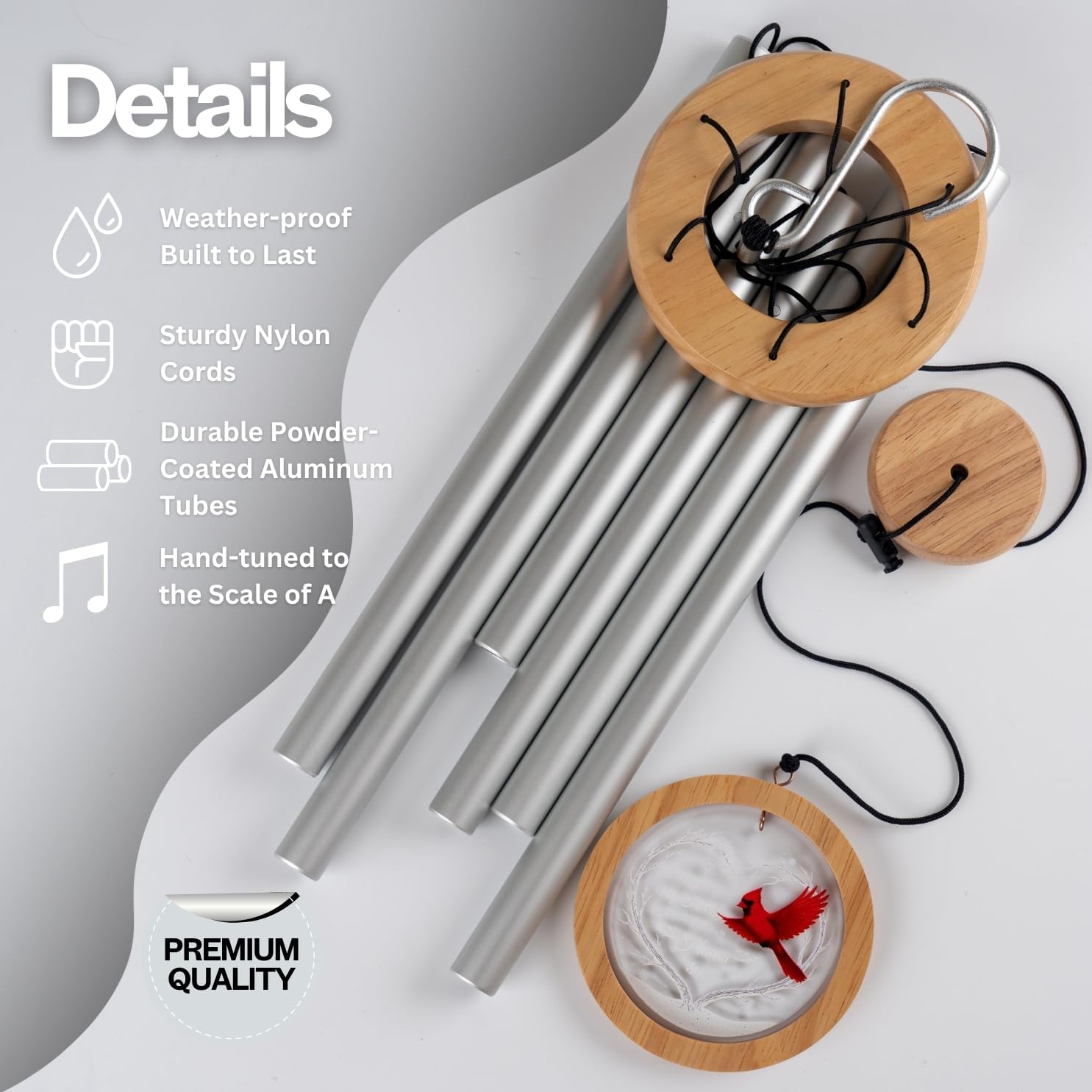 Wind Chimes for Outside, Wind Chimes Outdoor Clearance, Deep Tone Outdoors, Cardinal Wind Chime, Memorial, Sympathy Gift, Patio, Porch, Home Décor, Modern, Acrylic Art, Silver (34" Cardinal)