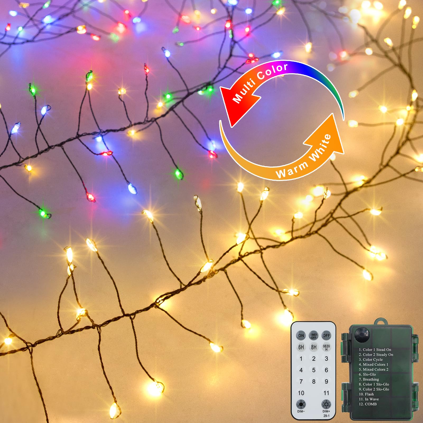 Dual Color 10Ft 200 LED Fairy Lights Battery Operated with Remote Timer