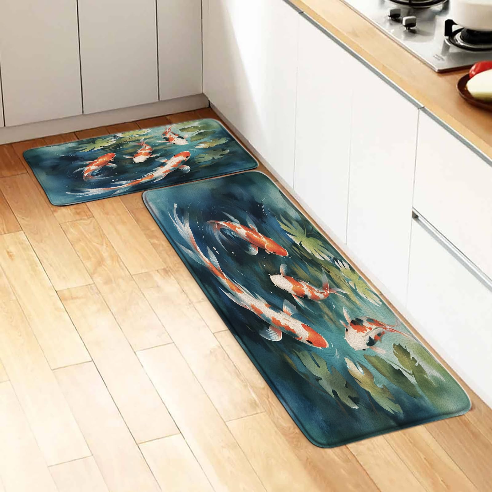 YSATNSFT 2Pcs Koi Fish Bath Mat Japanese Asian Art Colorful Carp Pond Oriental Traditional Watercolor Ink Painting Bathroom Bathtub Floor Rugs Doormat