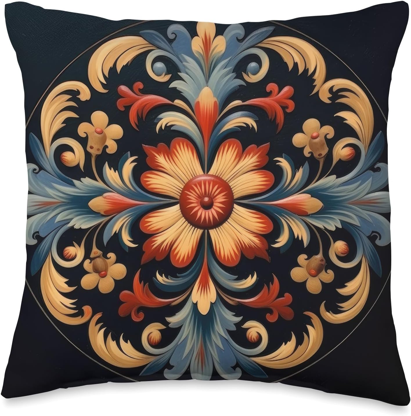Traditional Norwegian Rosemaling Folk Art Throw Pillow