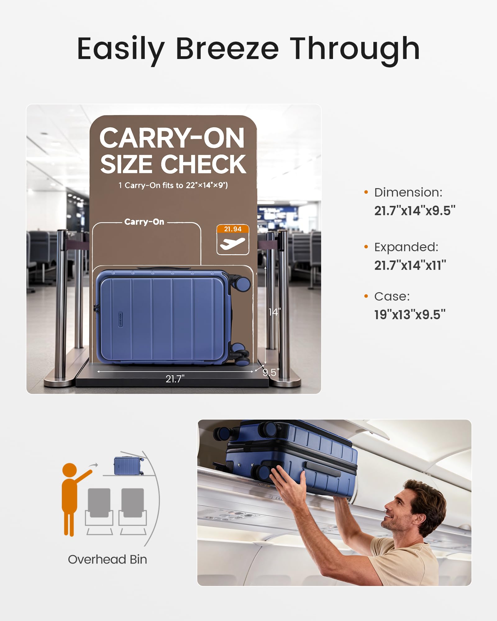 LOVEVOOK Carry On Luggage 22x14x9 Airline Approved with Spinner Wheels, 20 Inch Small Carry On Suitcase with TSA Lock, Expandable Hard Shell Suitcases for Men Women — view 6
