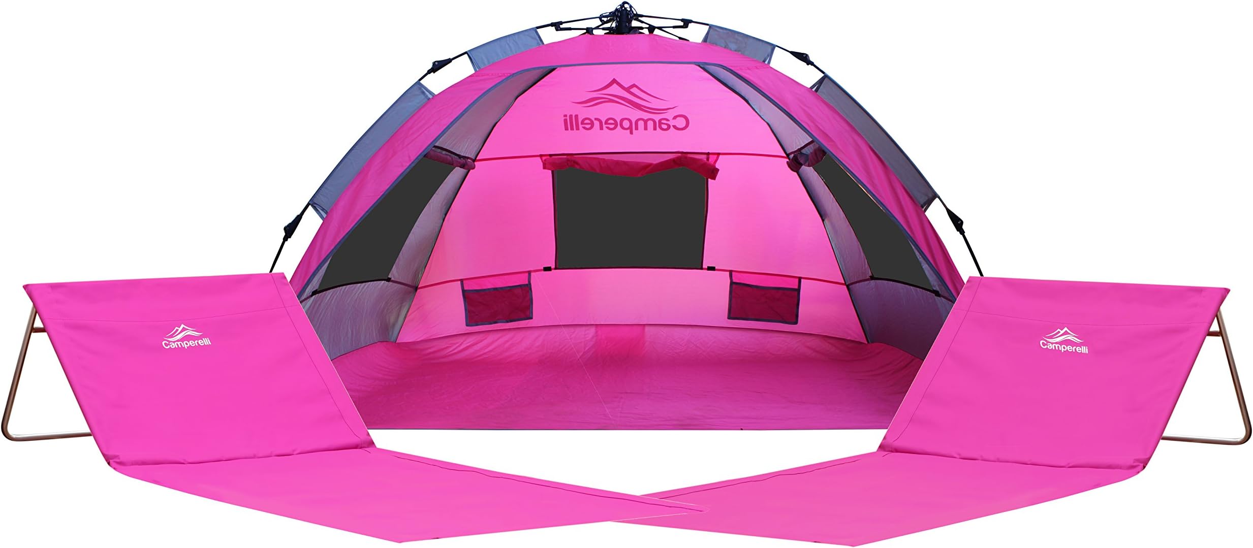 Camperelli Beach Tent Bundle: 3 Items: 1x Large Beach Tent Sun Shelter/Beach Umbrella (83" L x 55" W x 45" H) 2X Fold-up Beach Chairs (5 Colors to Choose from - Blue, Green, Pink, Red & Light Blue)
