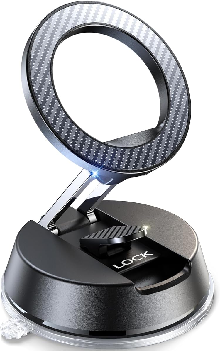 NeverFall Car Phone Holder for MagSafe [78+LBS Ultra Grip | 2400gf Magnetic Power] 360° Foldable Car Mount Cell Phone Holders for Your Car for iPhone 17-12 All Smartphones, Carbon Fiber, with Base Pad