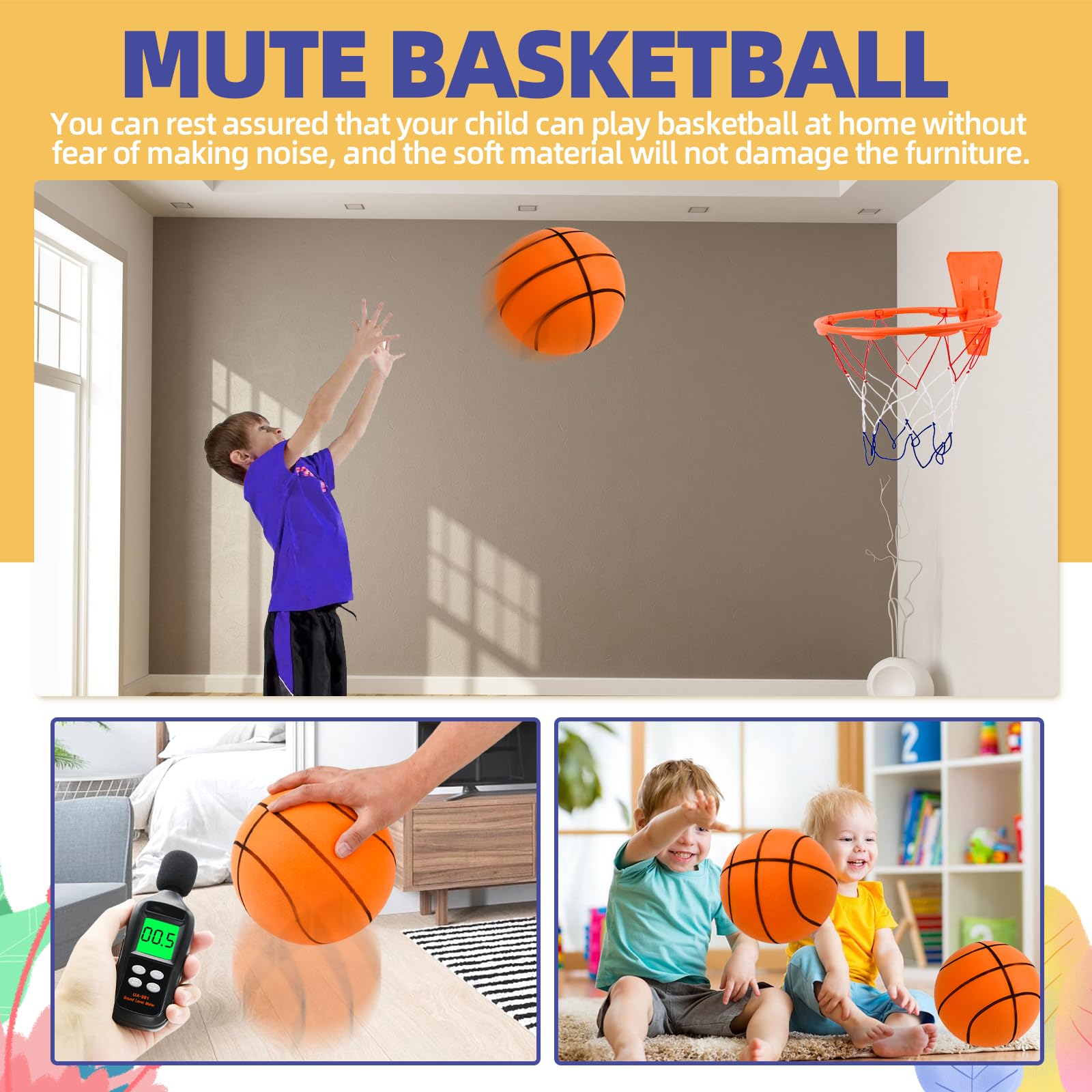 Ballon de Basket Enfant, Ballon de Basket Silencieux Taille 3, 18cm Ballon Basket Mousse, Basketball d'intérieur Silencieux, Silent Ball Basketball avec Panier, pour Enfants 3 4 5 6 Ans