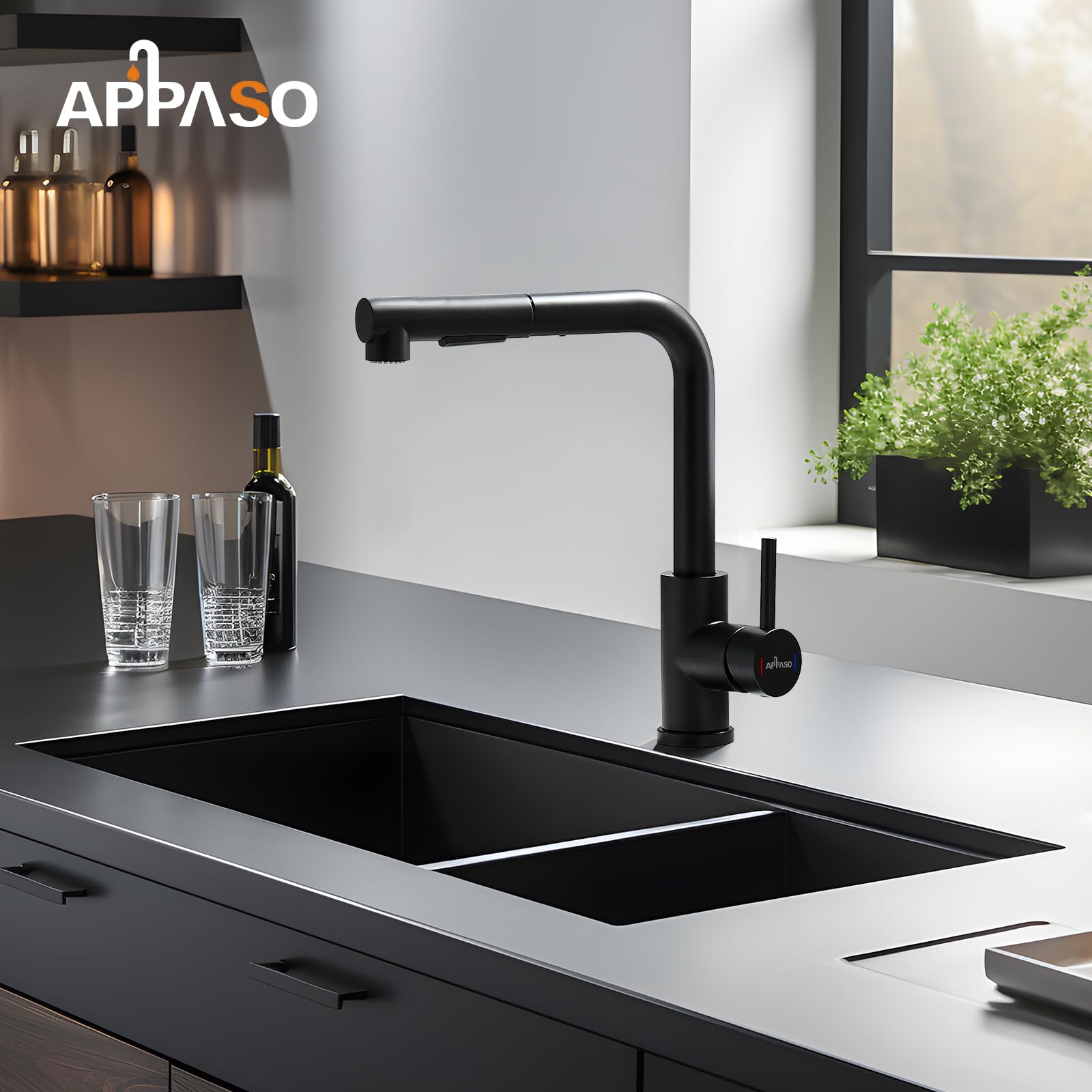 APPASO Niederdruck Armatur Küche Schwarz, Wasserhahn Küche 3 Anschlüsse, Niederdruck Küchenarmatur, Spültischarmatur Niederdruck mit 2 Strahlarten, Mischbatterie für Boiler Edelstahl Schwarz