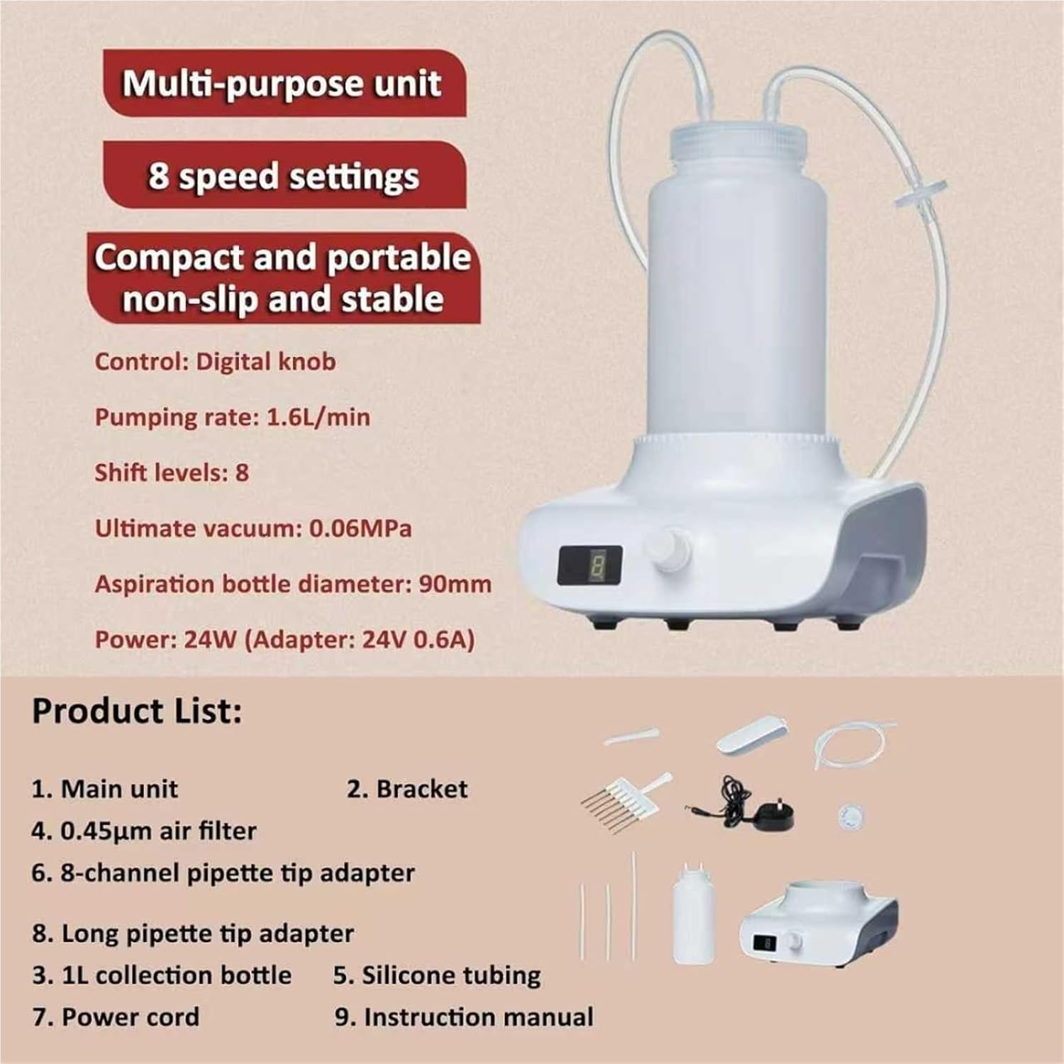Aspiratore sottovuoto da laboratorio, 1 litro, 8 velocità regolabile, base antiscivolo, ultra silenzioso per un uso efficiente in laboratorio, ideale per la gestione dei rifiuti liquidi