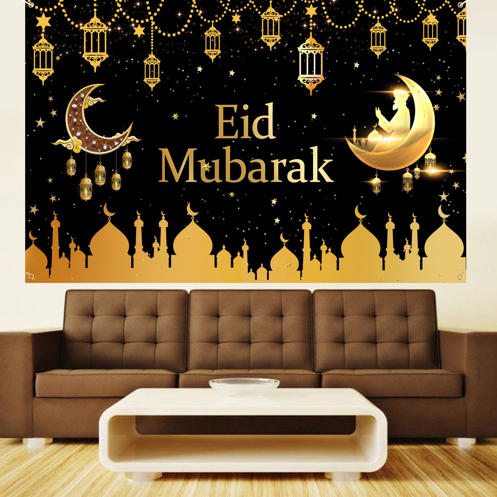 HOWAF Ramadan Mubarak Banner Ramadan Dekoration, Ramadan Banner Extra Große Stoff Ramadan Mubarak Hintergrund Banner Ramadan Kareem Banner Stern Mond für Muslim Islamic Eid Ramazan Ramadan Deko