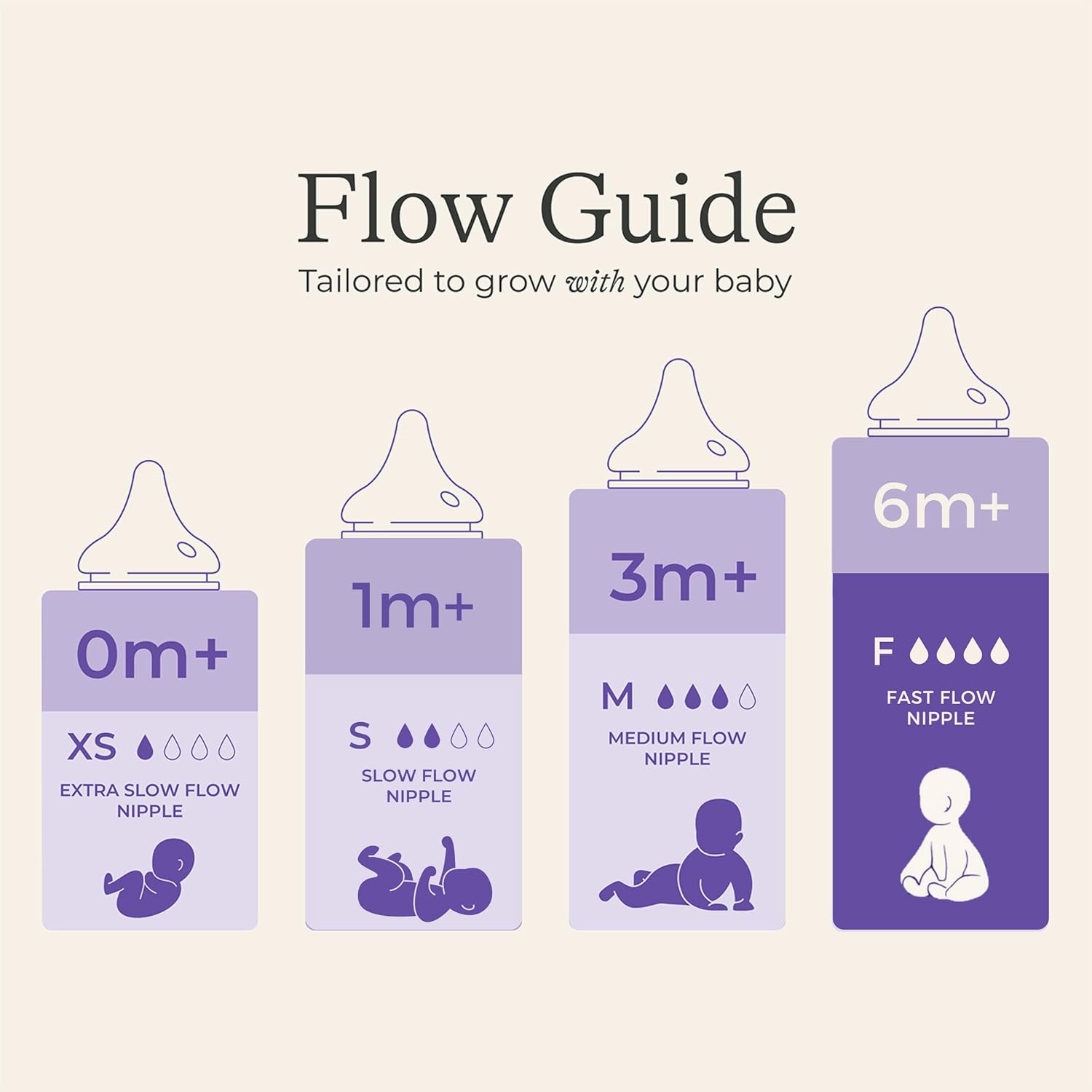 Lansinoh NaturalWave Nipple Flow Guide showing XS, S, M, and F flow rates