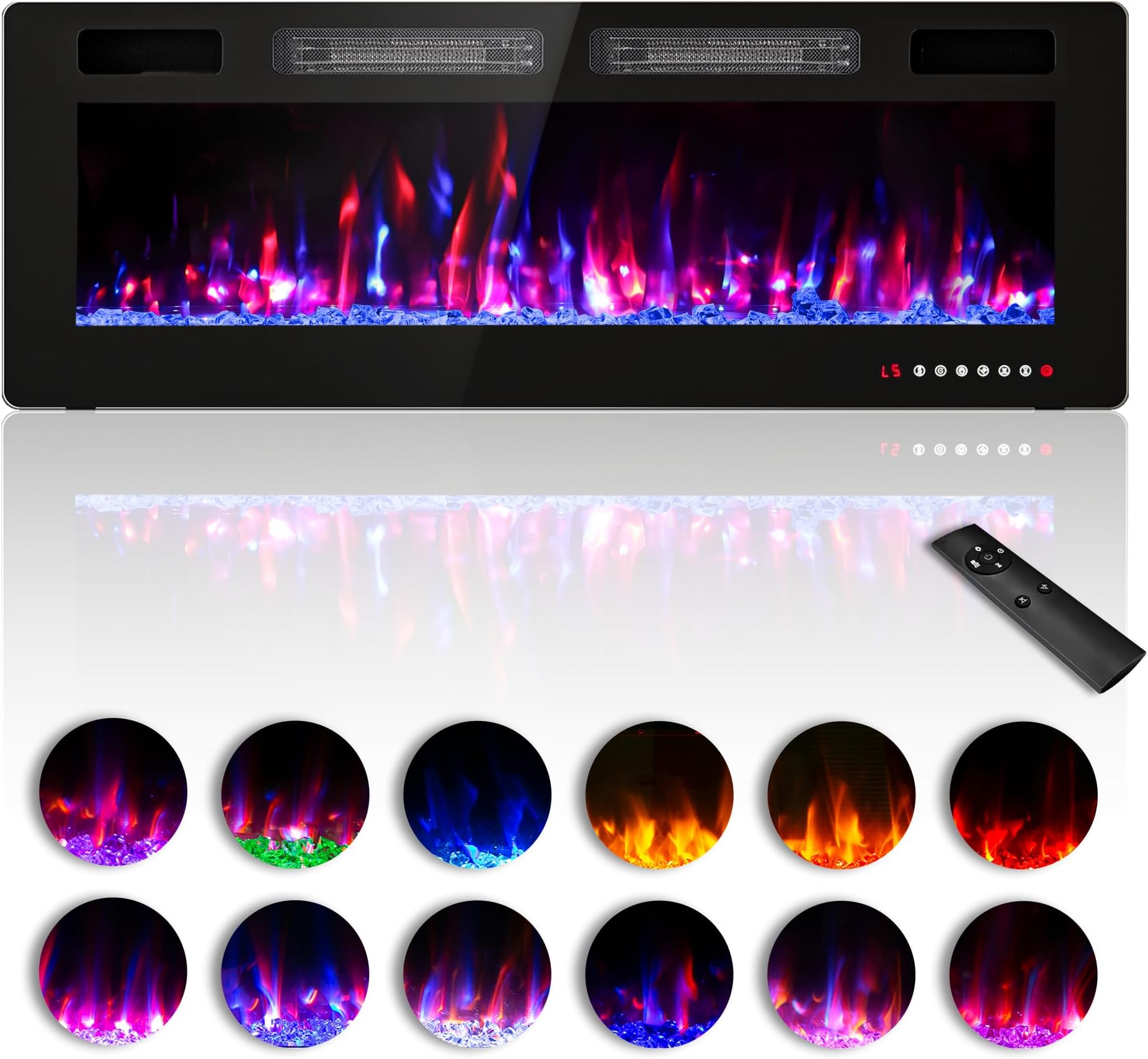 Zionheat 50 inches Electric Fireplace-Wall Fireplace for Living Room-Fireplace Freestanding/Inserts/Wall Mounted with Remote Control, Timer, Dimmer, 12 Flame Colors, 750/1500W, Ultra Thin
