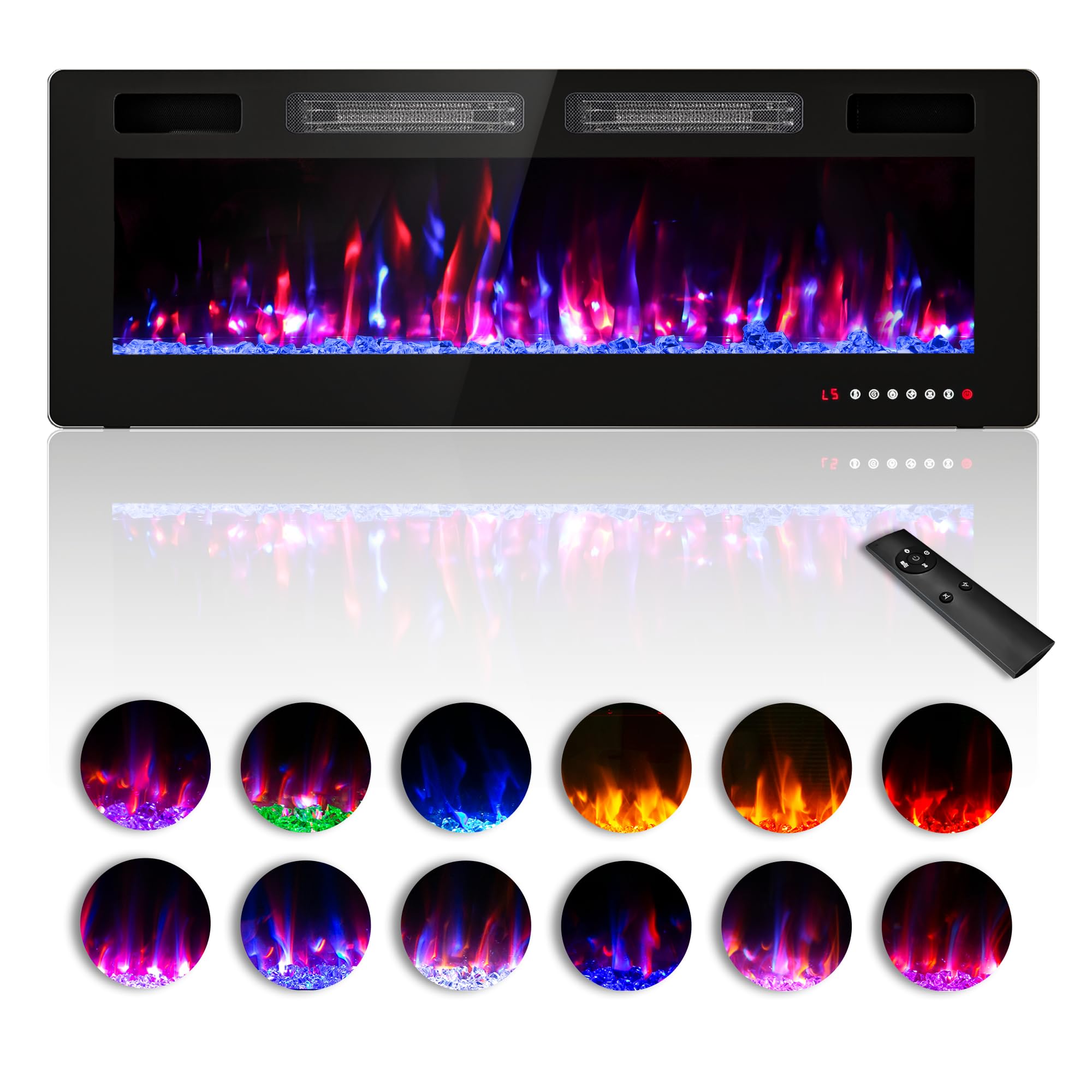 50 inches Electric Fireplace-Wall Fireplace for Living Room-Fireplace Freestanding/Inserts/Wall Mounted with Remote Control, Timer, Dimmer, 12 Flame Colors, 750/1500W, Ultra Thin