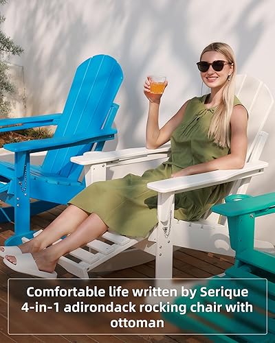 Miniatura 7 de Mecedora plegable Adirondack, silla de patio multifuncional 4 en 1 con otomana retráctil, silla de exterior con textura de madera, silla de césped