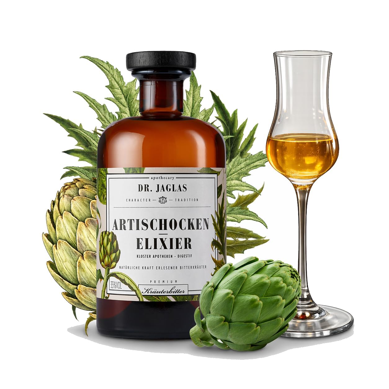 Dr. Jaglas Artischocken Elixier 500ml - Kräuterlikör - pur oder als Gin-Alternative mit Tonic - Bitter Schnaps 35% Vol. mit Artischockenblättern - Digestif